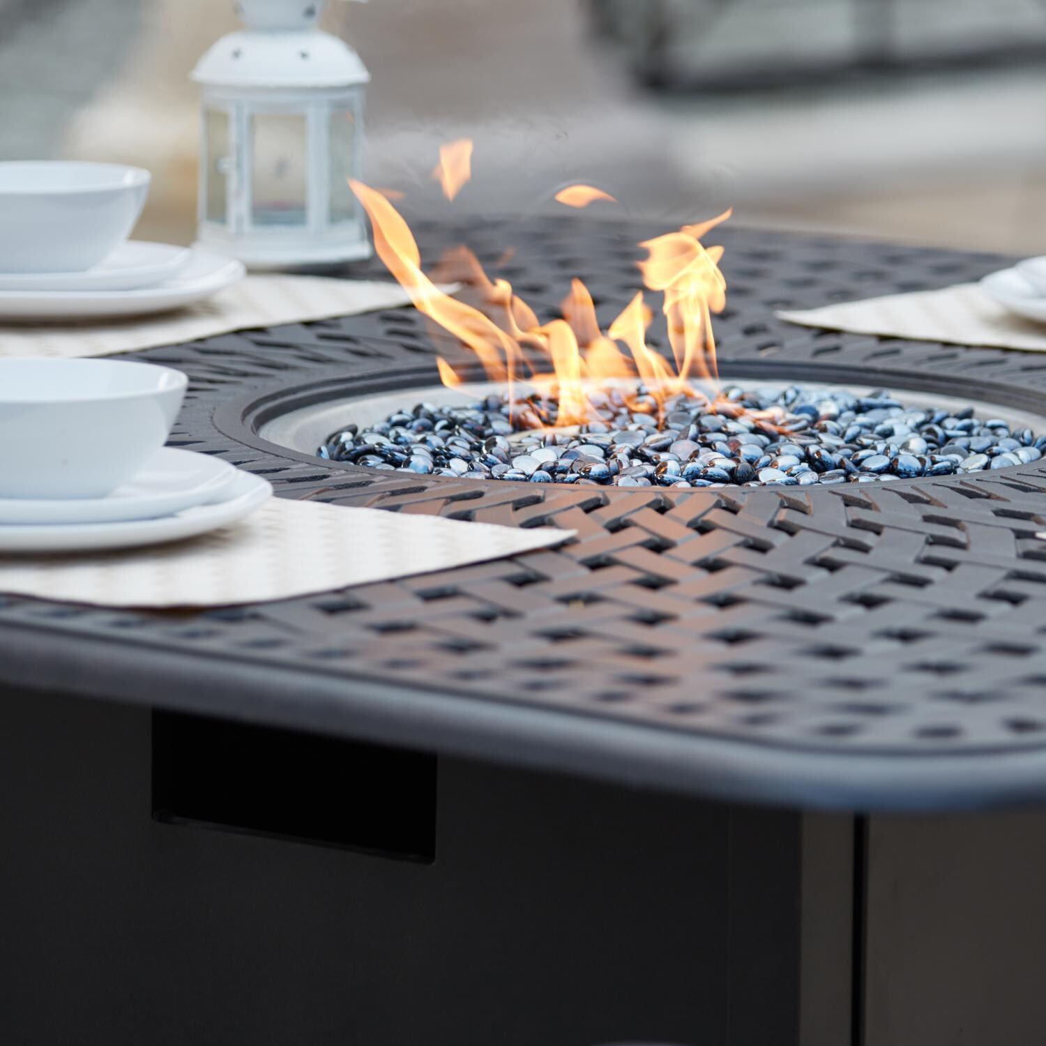 Darlee 201010-9PC-60GW Santa Barbara 9 Piece Cast Aluminum Patio Fire Pit Dining Set W/ 64 Inch Square Table & Beige Canvas Cushions - Table Detail thumbnail