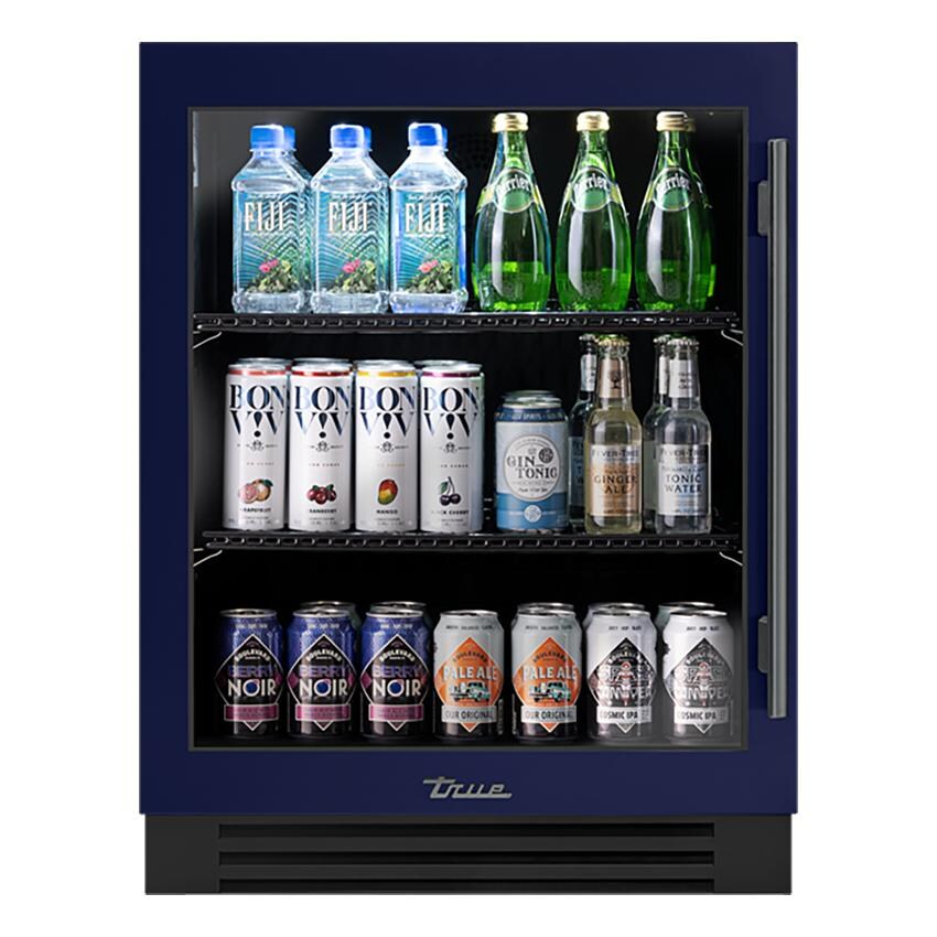True TURADA-24-LG-A~078-H05 ADA Height 24 Inch 5 Cu. Ft. Left Hinge Glass Door Outdoor Refrigerator in Cobalt w/ Pewter Handles - White Background thumbnail