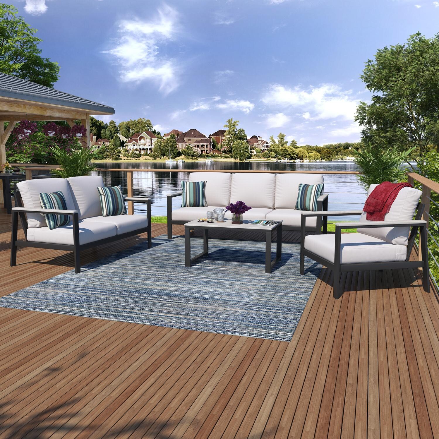 Oasis Bay 8 Pc Aluminum Seating Set in Brown/Canvas Canvas by Lakeview Outdoor Designs