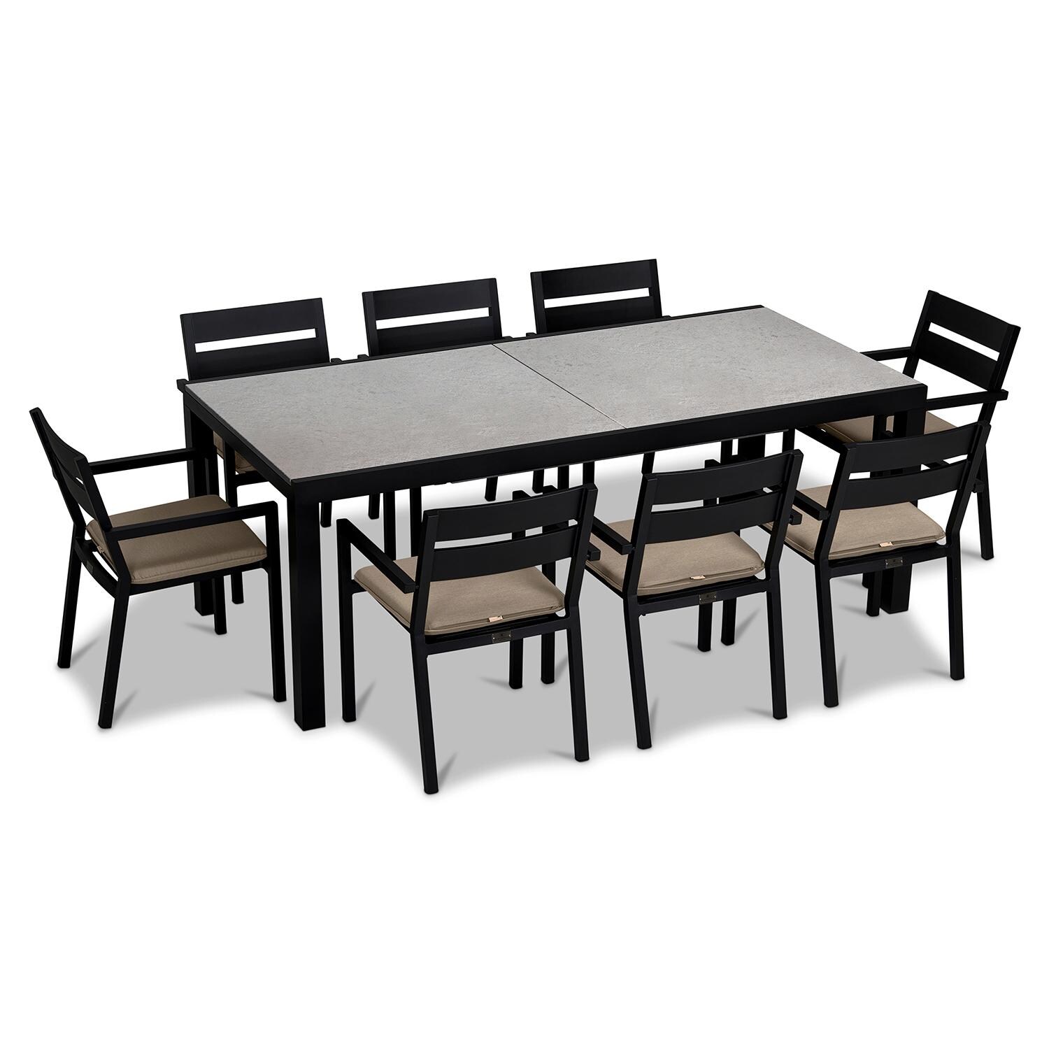 Calm Bay 9 Pc Extendable Aluminum Dining Set in Black/Concrete/Heather Beige by Lakeview Outdoor Designs