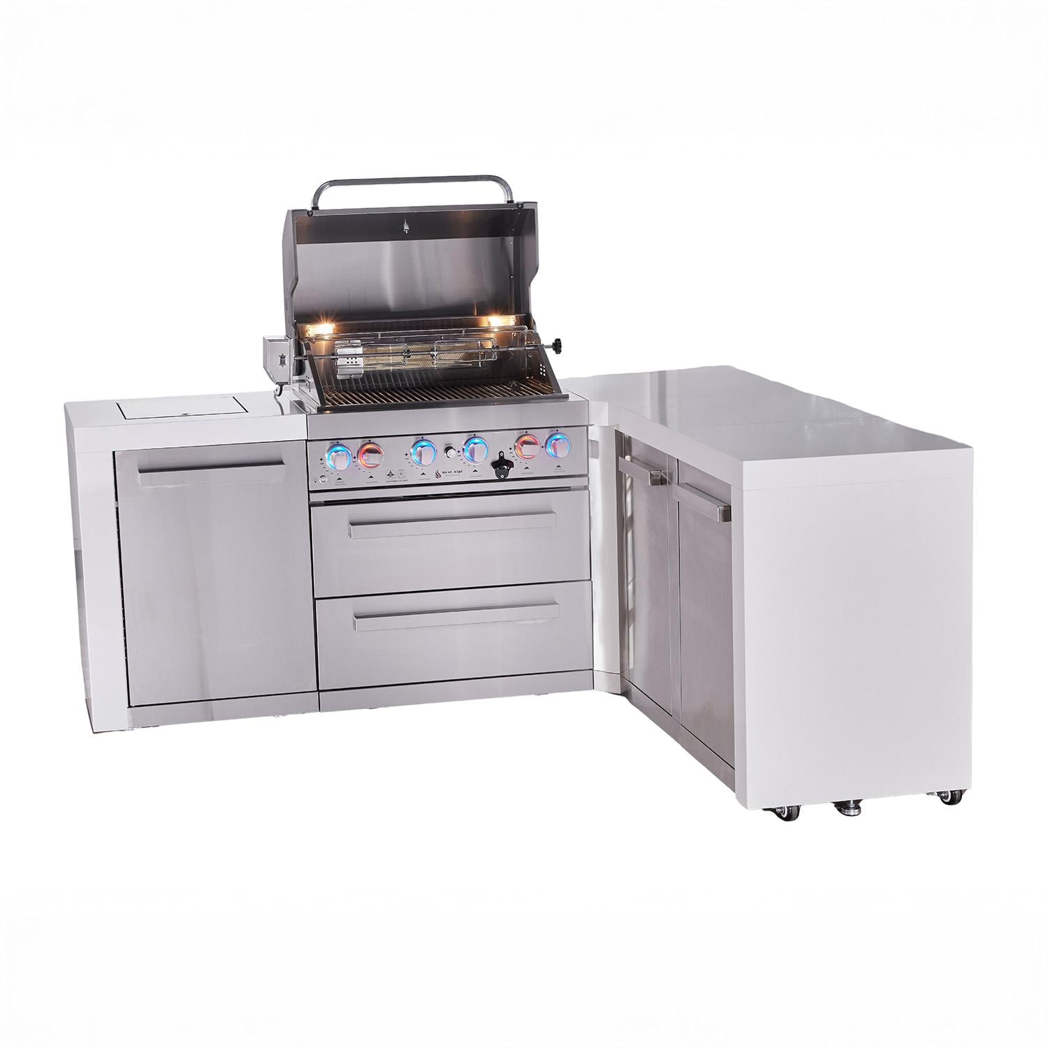 Mont Alpi Deluxe Series 7 Ft L-Shaped Natural Gas Outdoor Kitchen Island w/ 32-in Grill, Side Burner & Extra Door (Ships Propane w/ Conversion Kit) - Grill Open - White Background thumbnail