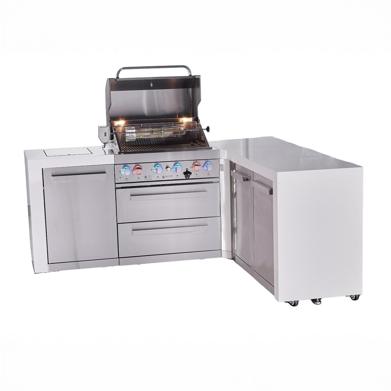 Mont Alpi Deluxe Series 7 Ft L-Shaped Natural Gas Outdoor Kitchen Island w/ 32-in Grill, Side Burner & Extra Door (Ships Propane w/ Conversion Kit) - Grill Open - White Background thumbnail