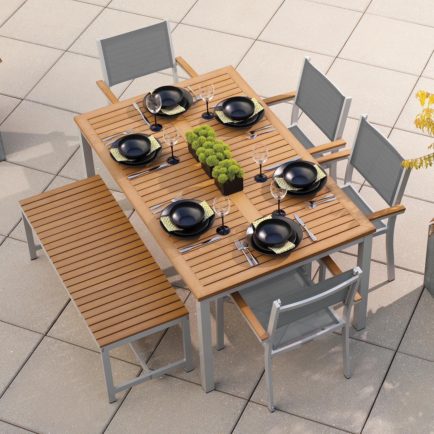 Oxford Garden Travira 6 Piece Flint Aluminum Patio Dining Set W/ Titanium Sling Armchairs, 63-Inch Rectangular Natural Tekwood Table & Backless Bench