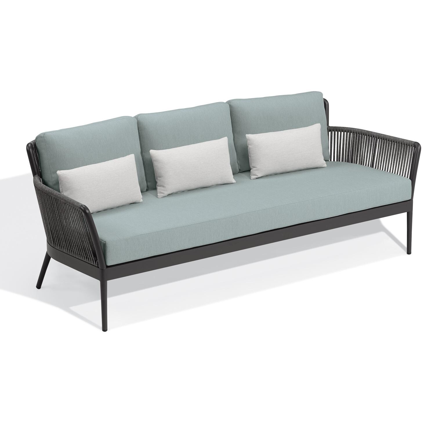 Oxford Garden Nette 3 Person Olefin Rope & Aluminum Sofa W/ Salt Lumbar Pillow in Carbon/Seafoam - Front View thumbnail