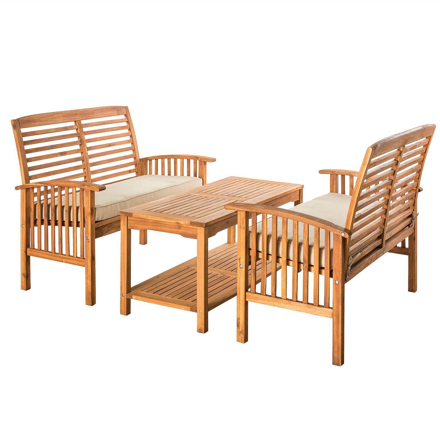 Ultimate Patio Horizon Way 3 Piece Brown Acacia Patio Conversation Set W/ Loveseats & Natural Cushions - Angled View thumbnail