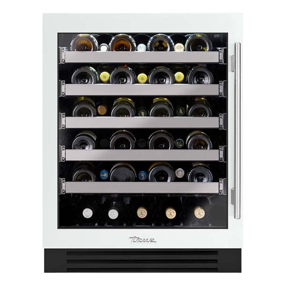 True TUWADA-24-LG-A~030-H04 ADA Height 24 Inch 40 Bottle Left Hinge Glass Door Outdoor Wine Cabinet - Matte White w/ Stainless Steel Handle - White Background thumbnail