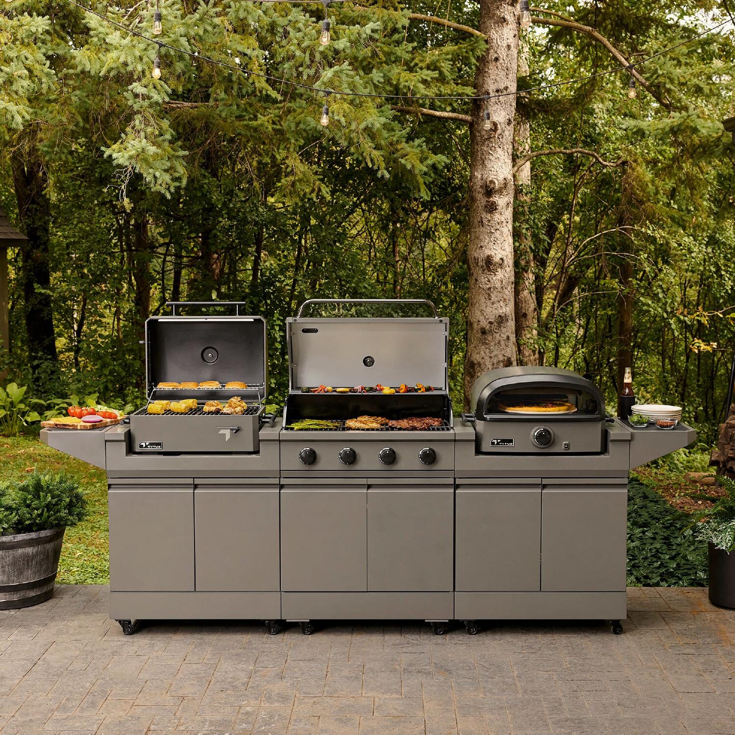 TYTUS TDT-BUN-065 Modular Trio w/ 4-Burner Gas Grill, Charcoal Grill & Gas Pizza Oven - On Patio - Lifestyle thumbnail