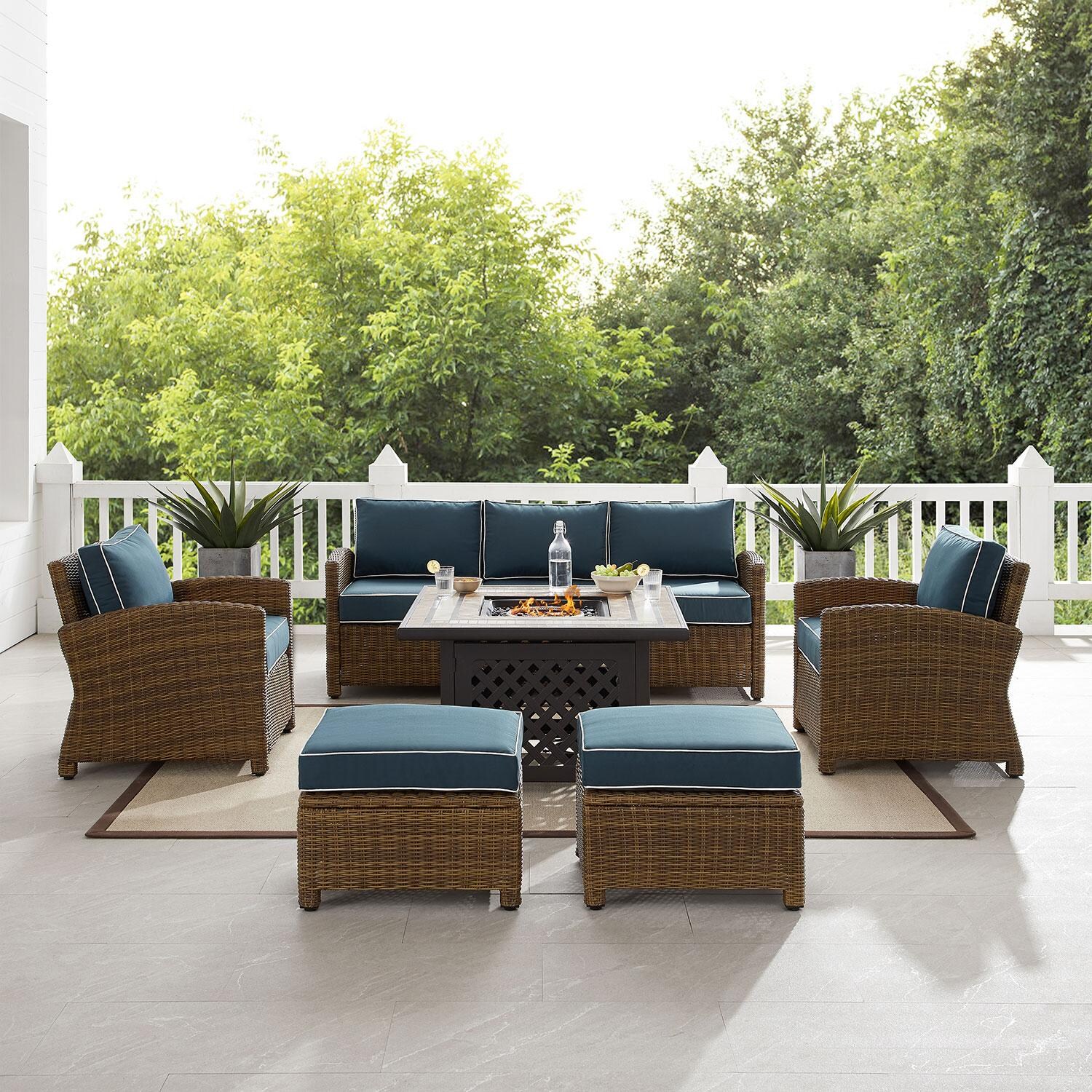 Ultimate Patio UP-92417WB-NV 6Pc Wicker Outdoor Sofa Set in Navy - Front View W/ Fire Table On - Lifestyle thumbnail