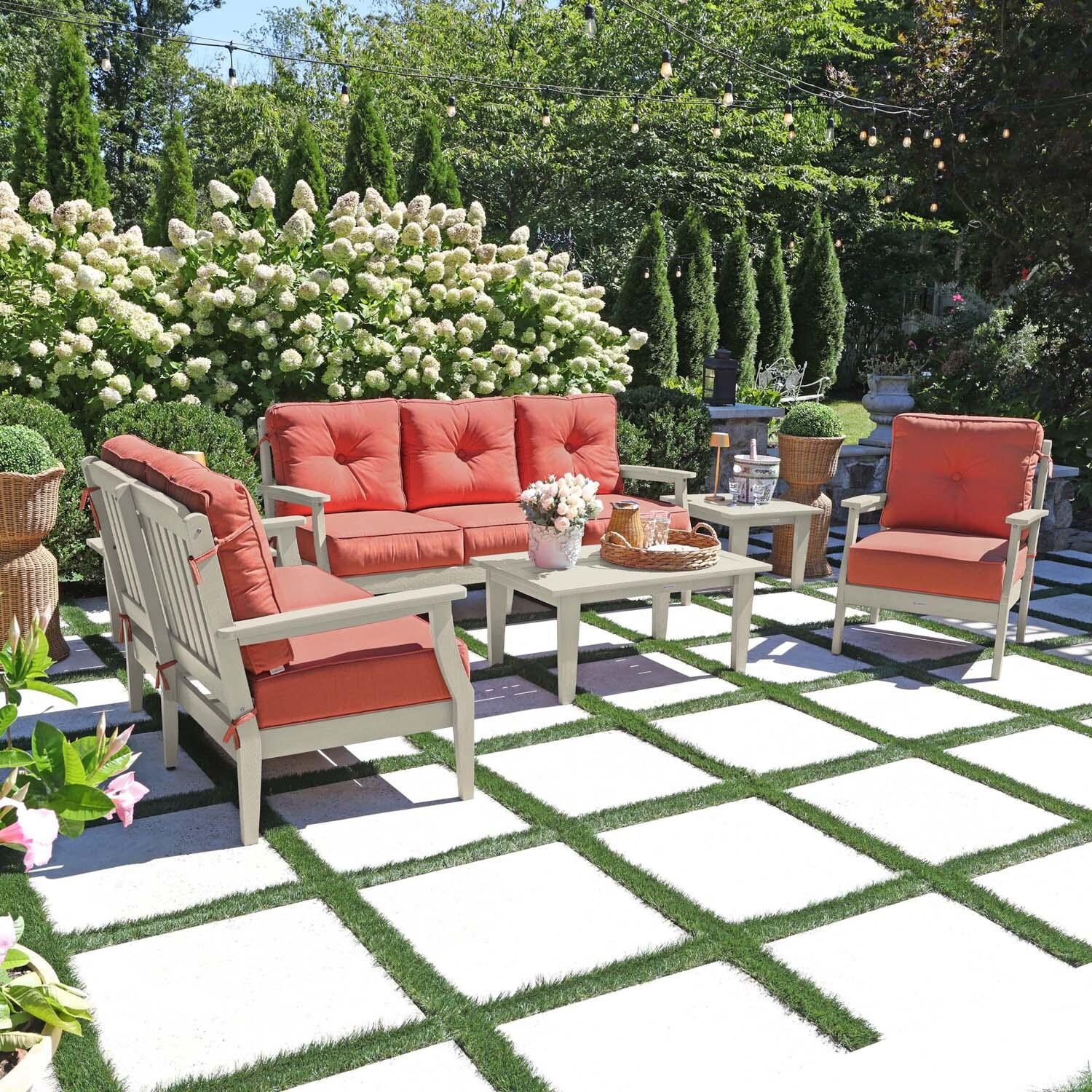 Blushing Bay 6 Pc Recycled Plastic Grand Seating Set in Canvas Persimmon/Whitewash by Lakeview Outdoor Designs - Left Angled - Lifestyle thumbnail