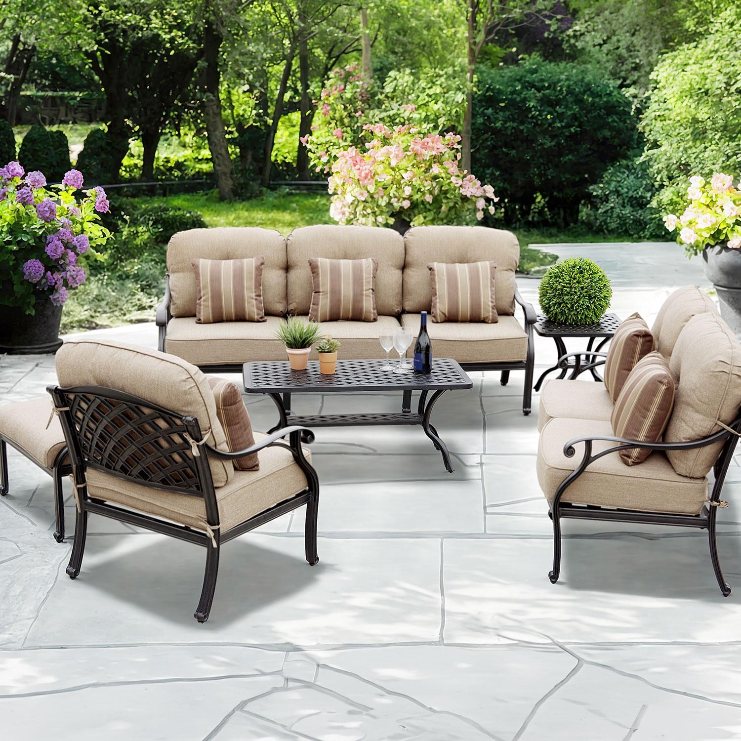 Darlee Nassau 6 Pc Cast Aluminum Seating Set w/ 42 X 21 Inch Series 30 Table & Throw Pillows in Antique Bronze/Beige Canvas by - B/DL603-6PCD-30ABSP