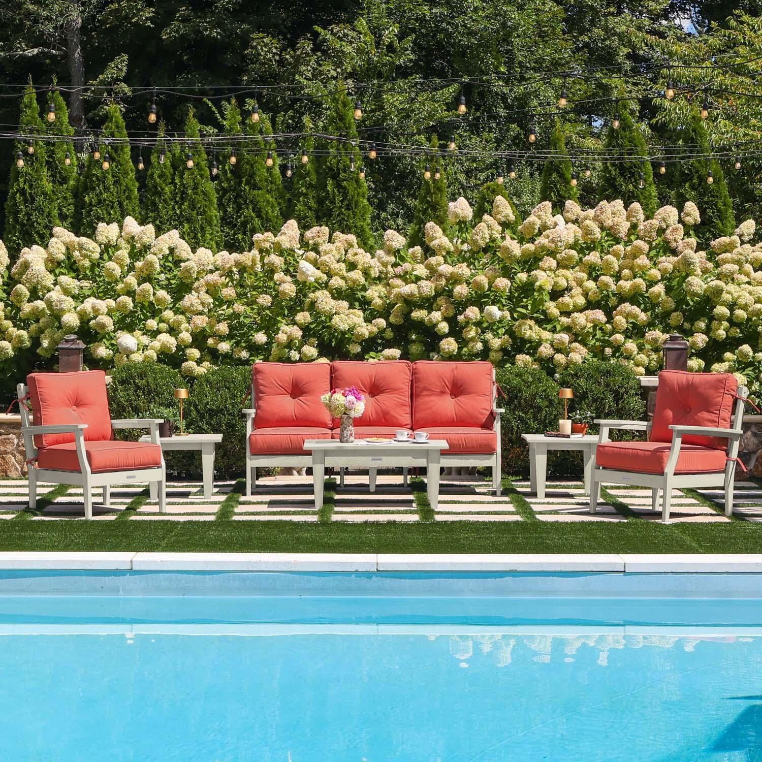 Blushing Bay 6 Pc Recycled Plastic Seating Set w/ Sofa in Canvas Persimmon/Whitewash by Lakeview Outdoor Designs - By the Pool - Lifestyle thumbnail