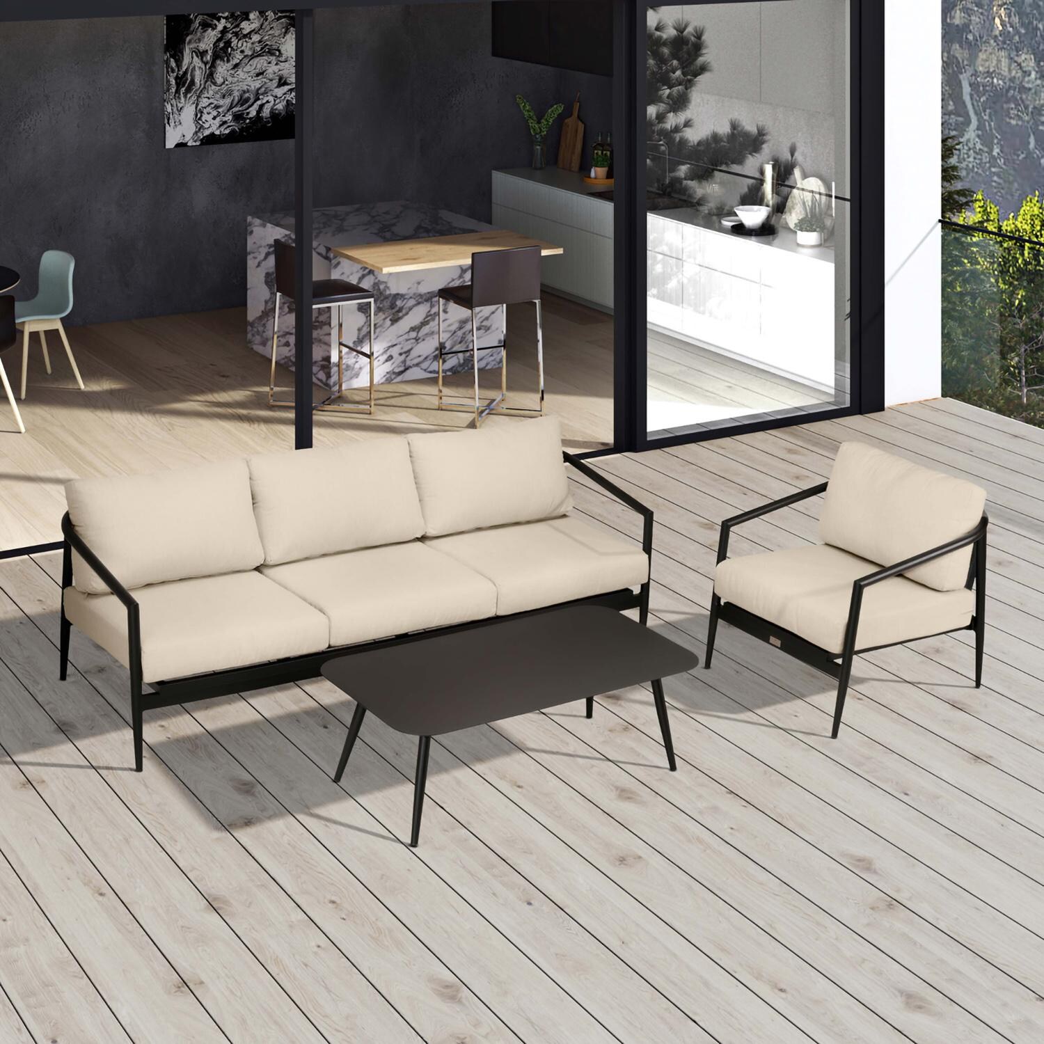 Lakeview Midnight Cove 3 Pc Aluminum Sofa Seating Set in Black/Carbon/Canvas Flax - Top - Lifestyle thumbnail