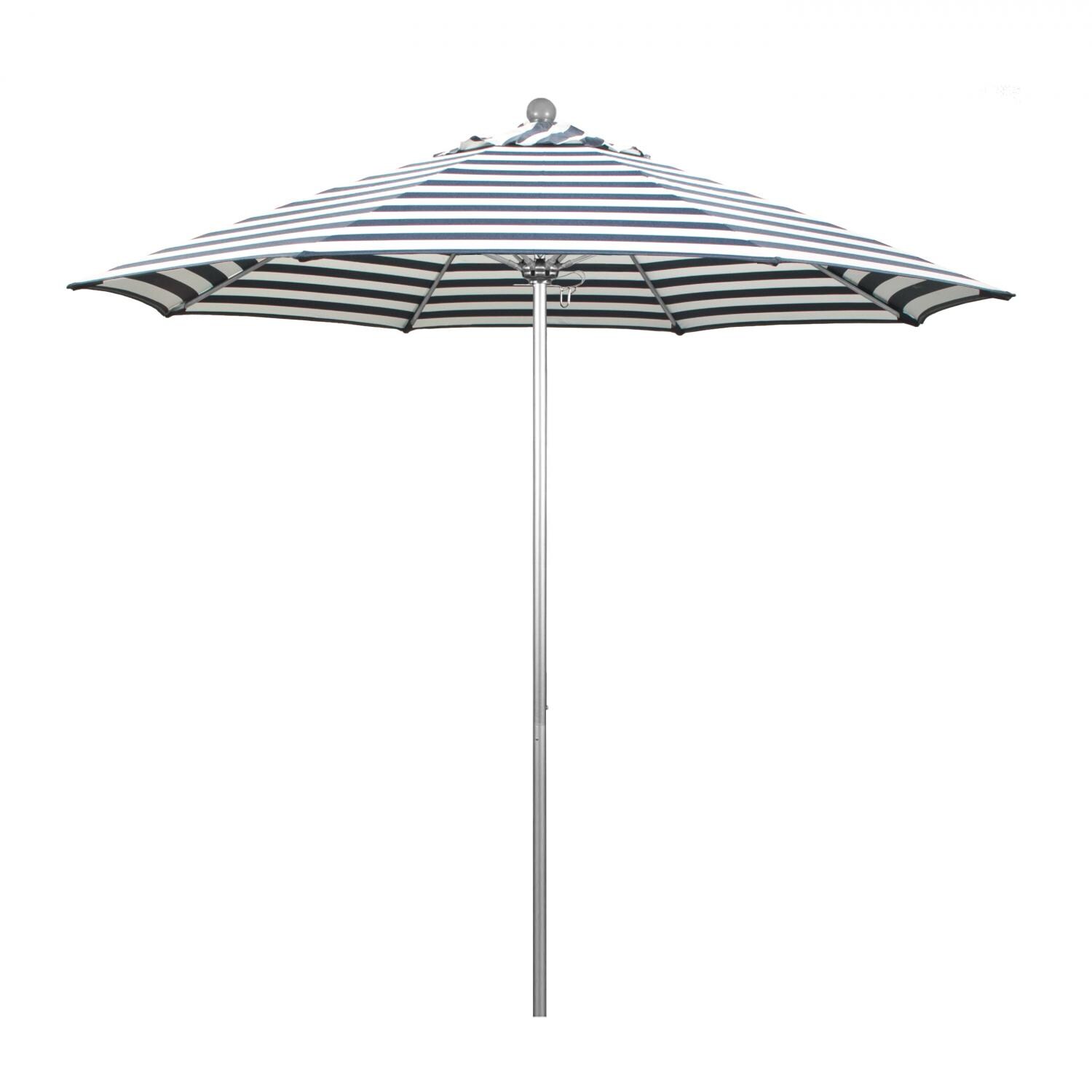 California Umbrella Venture Series 9 Ft Octagonal Aluminum Patio Umbrella W/ Push Lift & Fiberglass Ribs - Silver Anodized Frame / Olefin Navy White Cabana Stripe Canopy thumbnail
