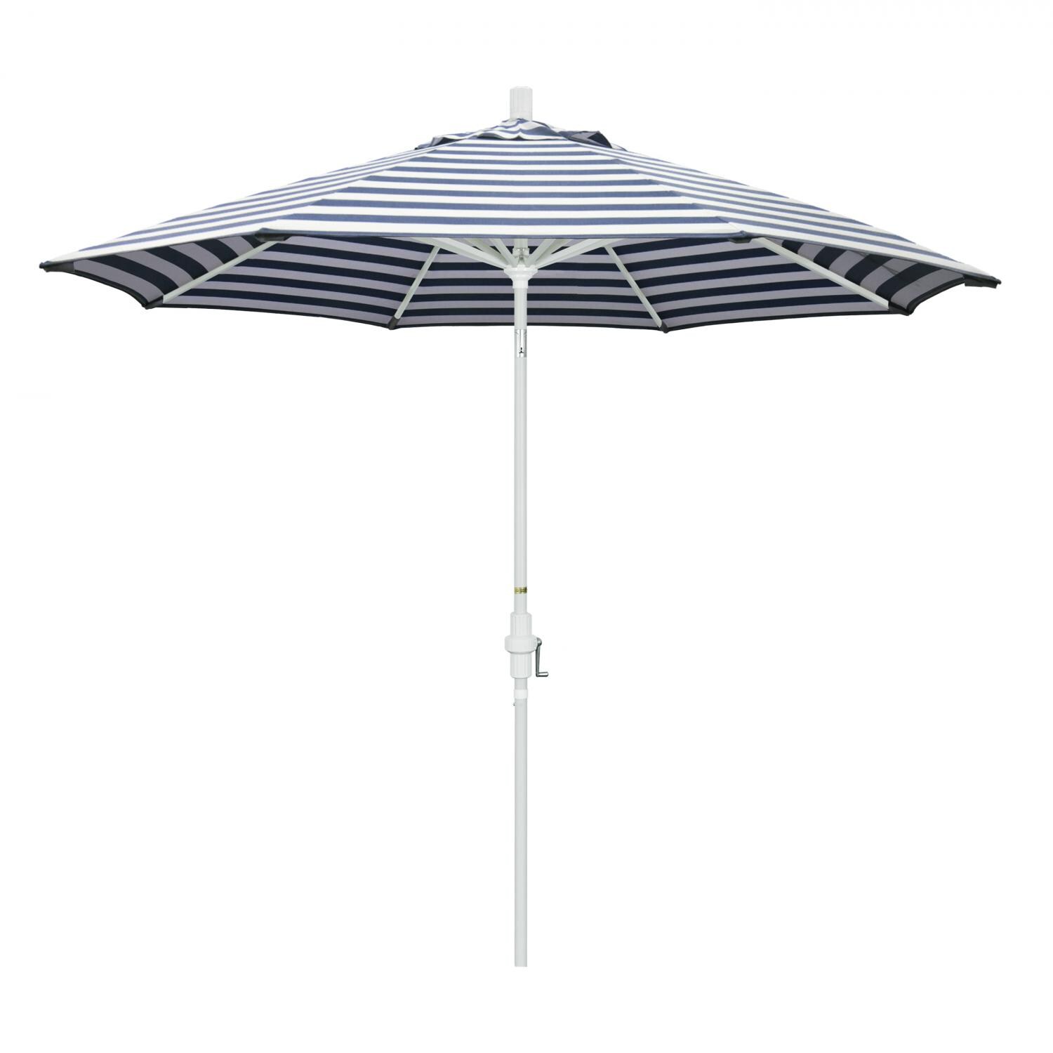 California Umbrella Golden State Series 9 Ft Octagonal Aluminum Collar Tilt Patio Umbrella W/ Crank Lift - Matted White Frame / Olefin Navy White Cabana Stripe Canopy