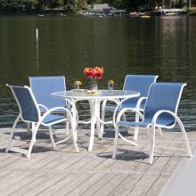 Aruba II 5 Piece Aluminum Patio Dining Set With 48 Inch Round Table & Stacking Chairs By Telescope Casual - Gloss White/Cobalt image