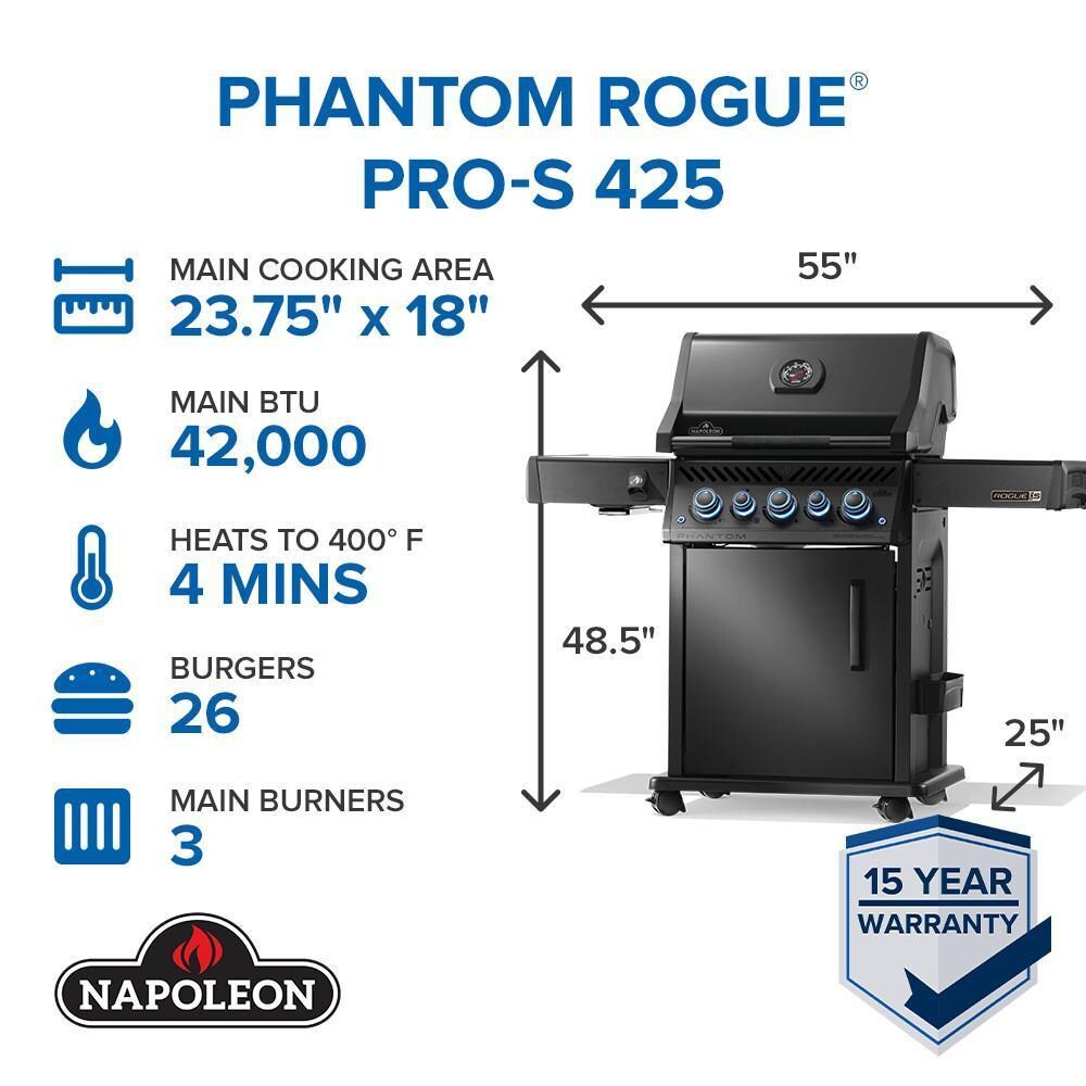 Napoleon RPS425RSIBNK-2-PHM Phantom Rogue PRO-S 425 Propane Gas Grill w/ Infrared Side & Rear Burners - Matte Black - Grill Summary - Detail thumbnail
