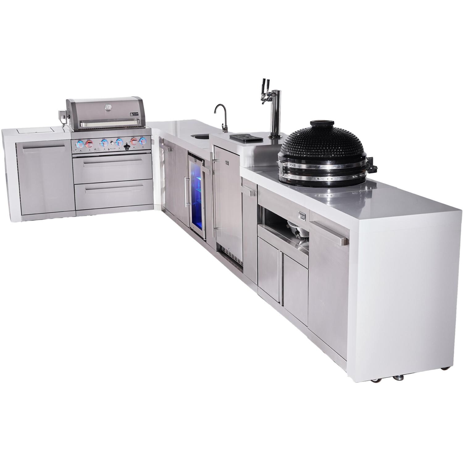 Mont Alpi Deluxe Series 15 Ft L-Shaped Natural Gas Outdoor Kitchen Island w/ 44-in Grill, Side Burner, Beverage Center, Kegerator, Fridge, Kamado Module & Triple Drawer (Ships Propane w/ Conversion Kit) - Angled Right - White Background thumbnail