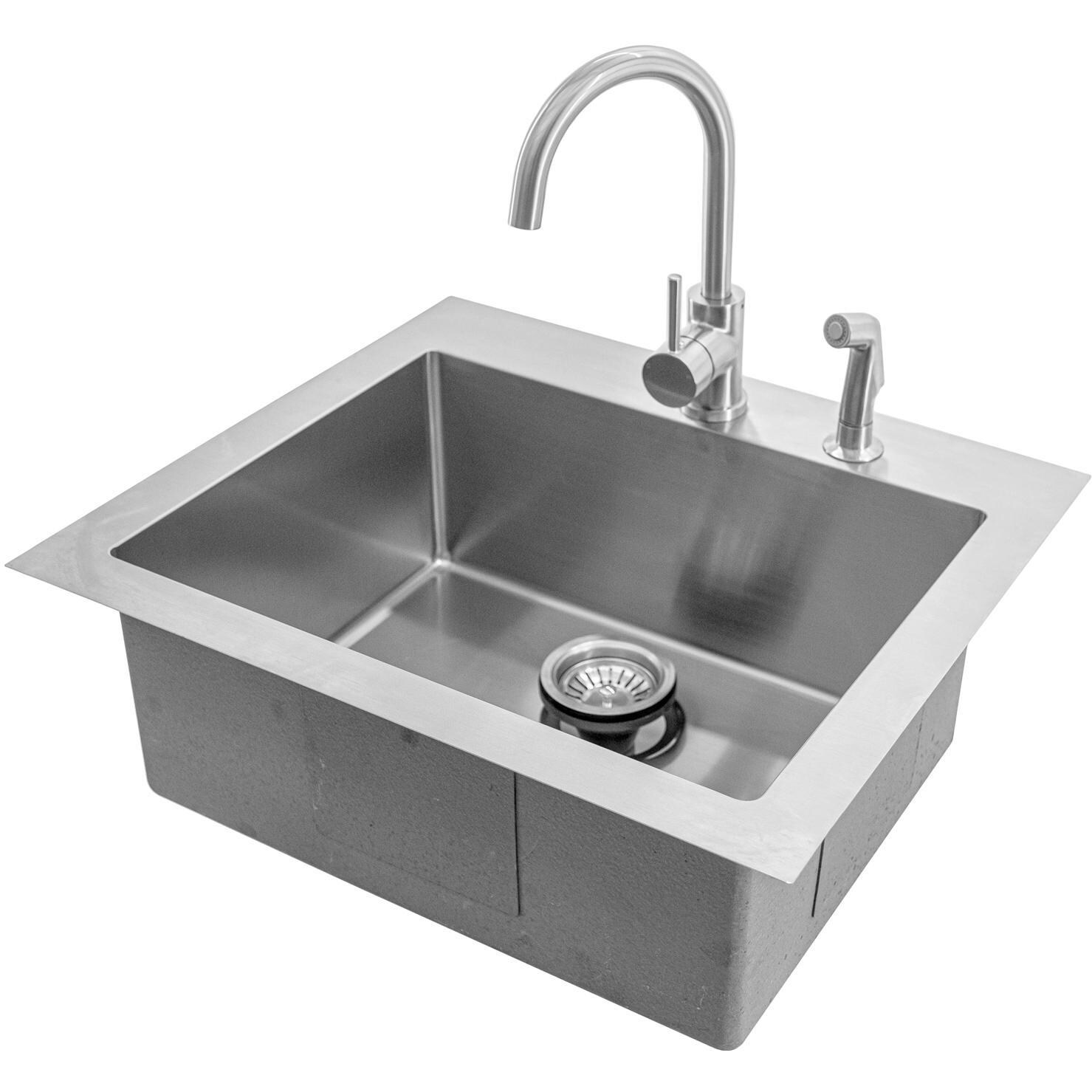 BBQGuys Signature - BBQ-RD2522-9 + BBQ-N88620B1-BN - 25 X 22 Drop-In Sink W/ Gooseneck Faucet Side Sprayer & Strainer thumbnail