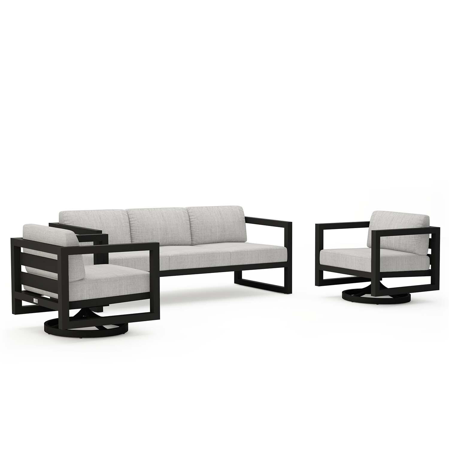 Misty Cove 3 Pc Aluminum Sofa Seating Set w/ Swivel Chairs in Black/Cast Silver by Lakeview Outdoor Designs - Angled Side View - White Background thumbnail