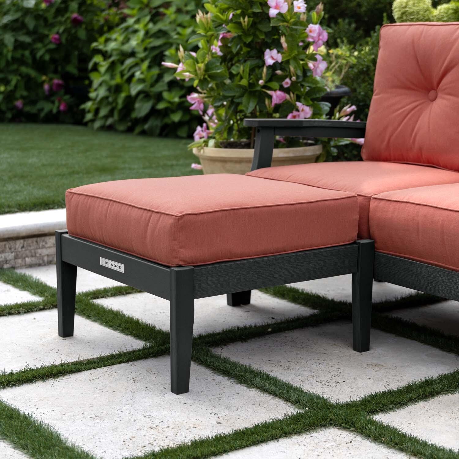 Blushing Bay Recycled Plastic Ottoman in Canvas Persimmon/Black by Lakeview Outdoor Designs - Shown w/ Chair (Not Included) - Lifestyle thumbnail