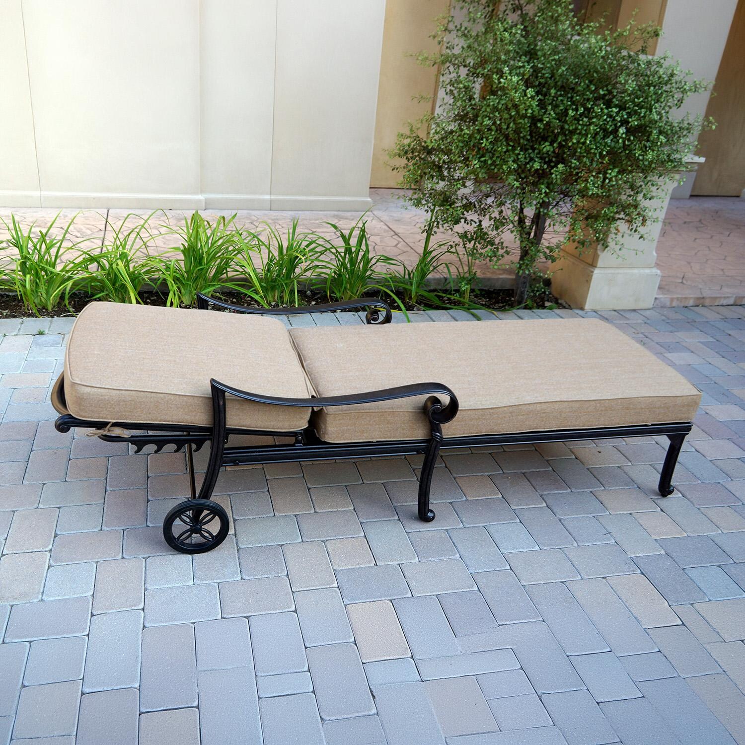Darlee Santa Monica 3 Pc Cast Aluminum Chaise Lounge Set w/ 24 Inch Round End Table & Beige Canvas Cushions - Chaise Laid Flat - Lifestyle thumbnail