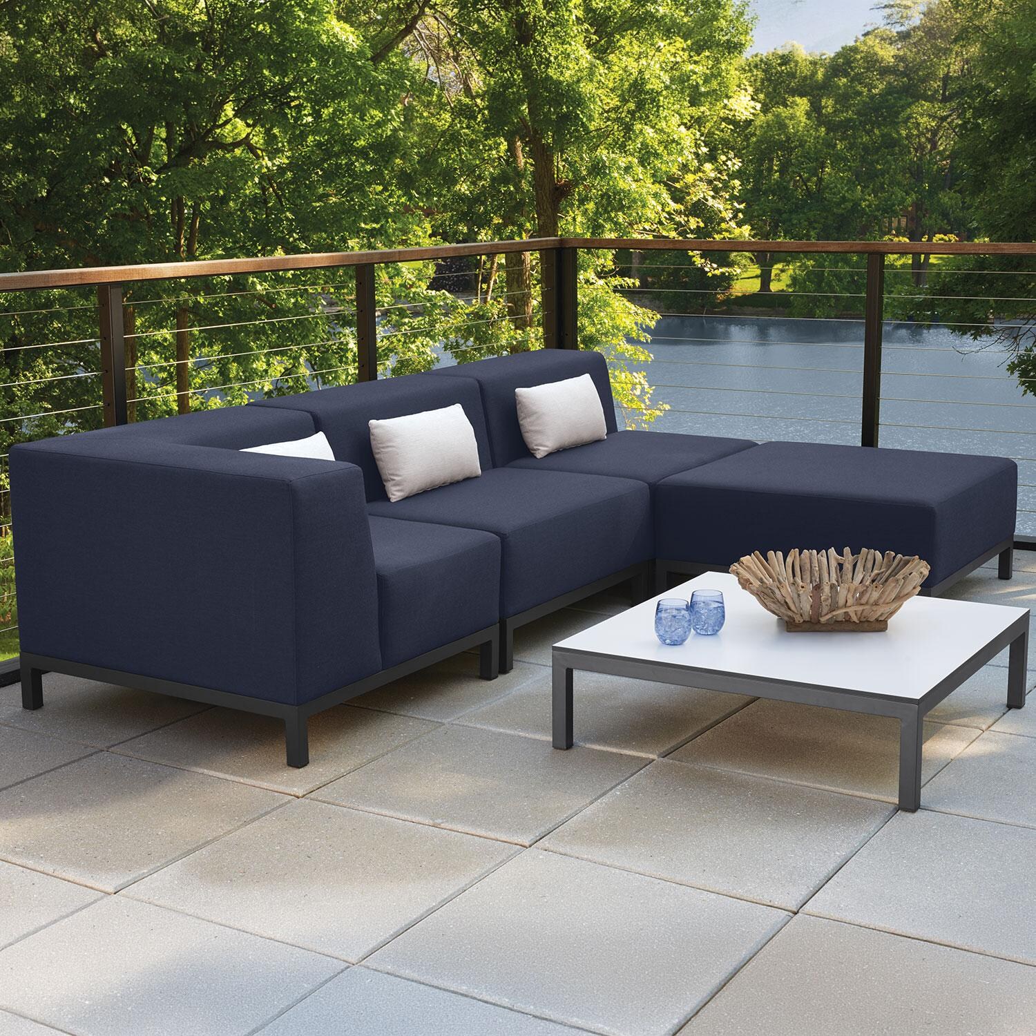Koral 5 Pc Powder-Coated Aluminum Sectional Seating Set W/ Lumbar Pillows in Spectrum Indigo/Carbon/Ice White By Oxford Garden - Side View - Lifestyle thumbnail