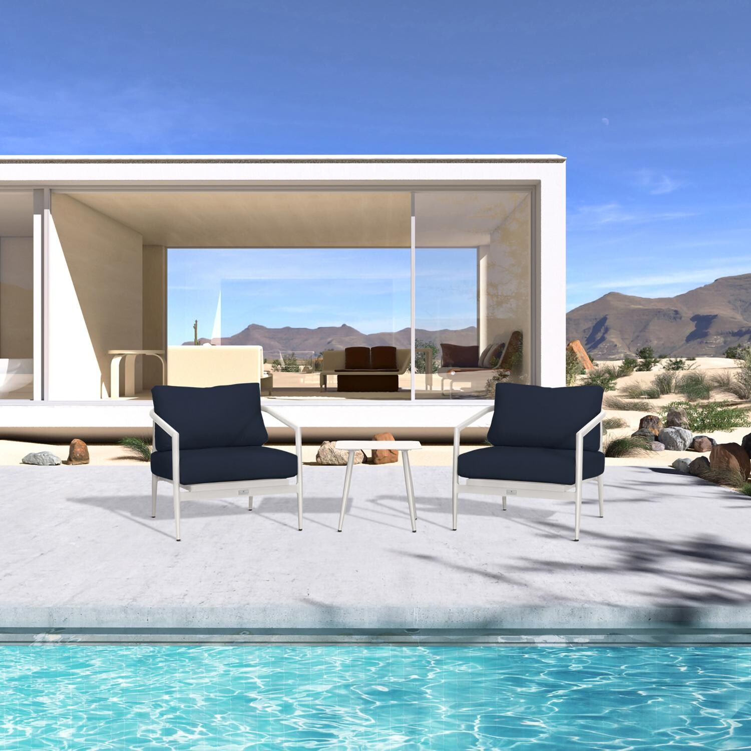 Lakeview Midnight Cove 3 Pc Aluminum Club Chair Seating Set in Urban Stone/Carrera/Spectrum Indigo - Lifestyle thumbnail