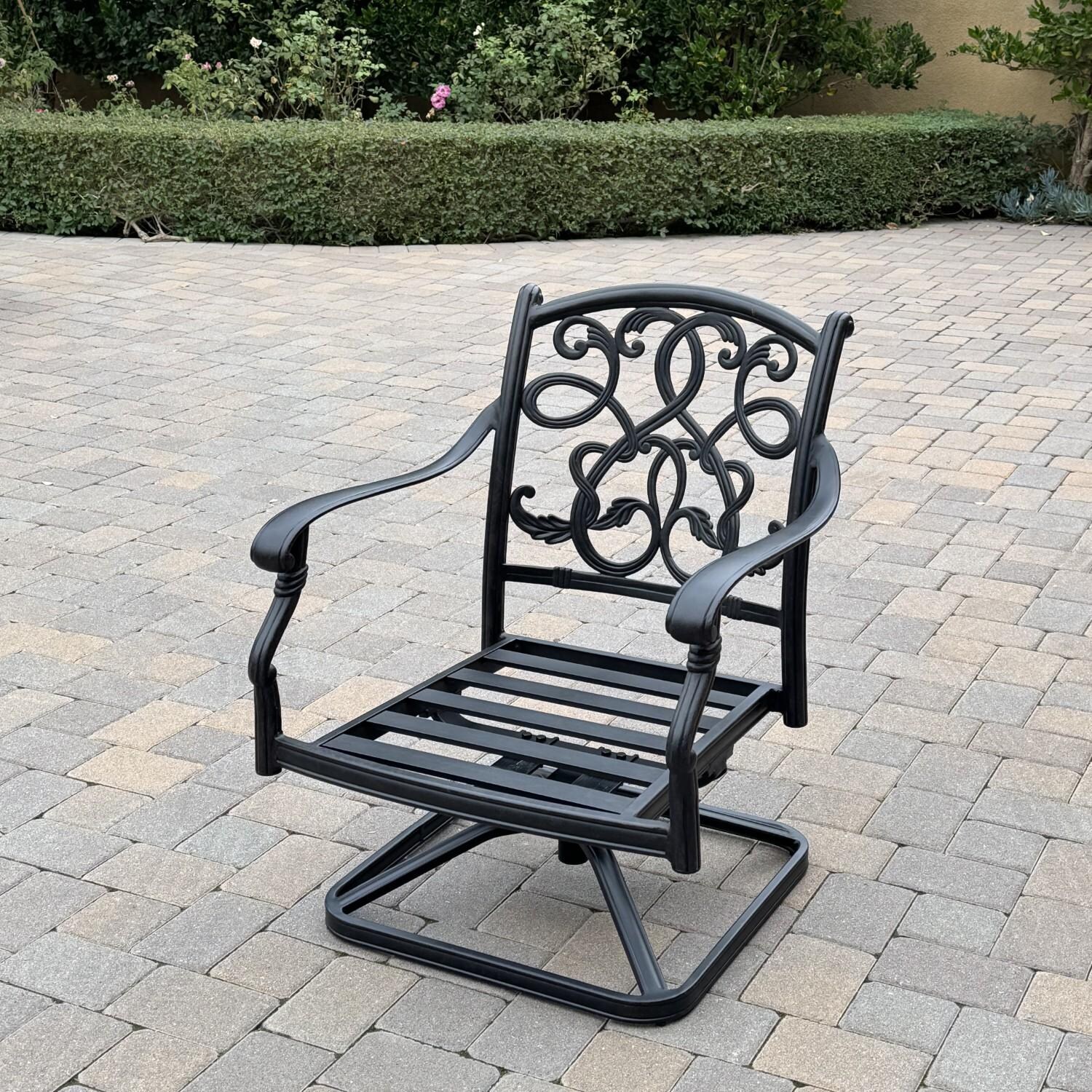 Santa Monica 6 Pc Cast Aluminum Seating Set w/ 49 X 35 Inch Fire Pit Table w/ 2 Rocker Club Chairs in Sesame/Antique Bronze by Darlee - Chair w/o Cushion - Lifestyle