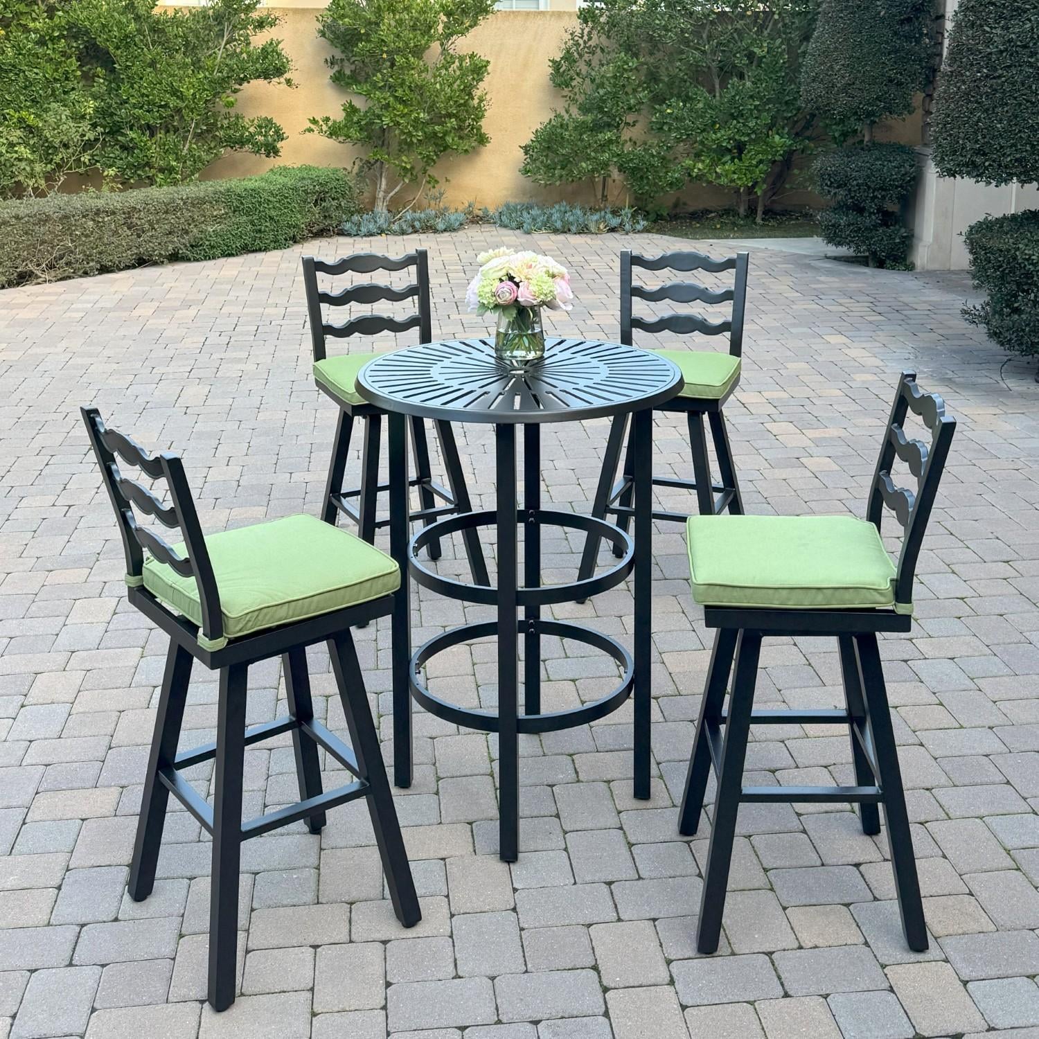 Aspen 4 Pc Aluminum Swivel Bar Height Bar Stool Set in Green/Dark Brown by Darlee - Shown w/ Side Table (Not Included) - Lifestyle thumbnail