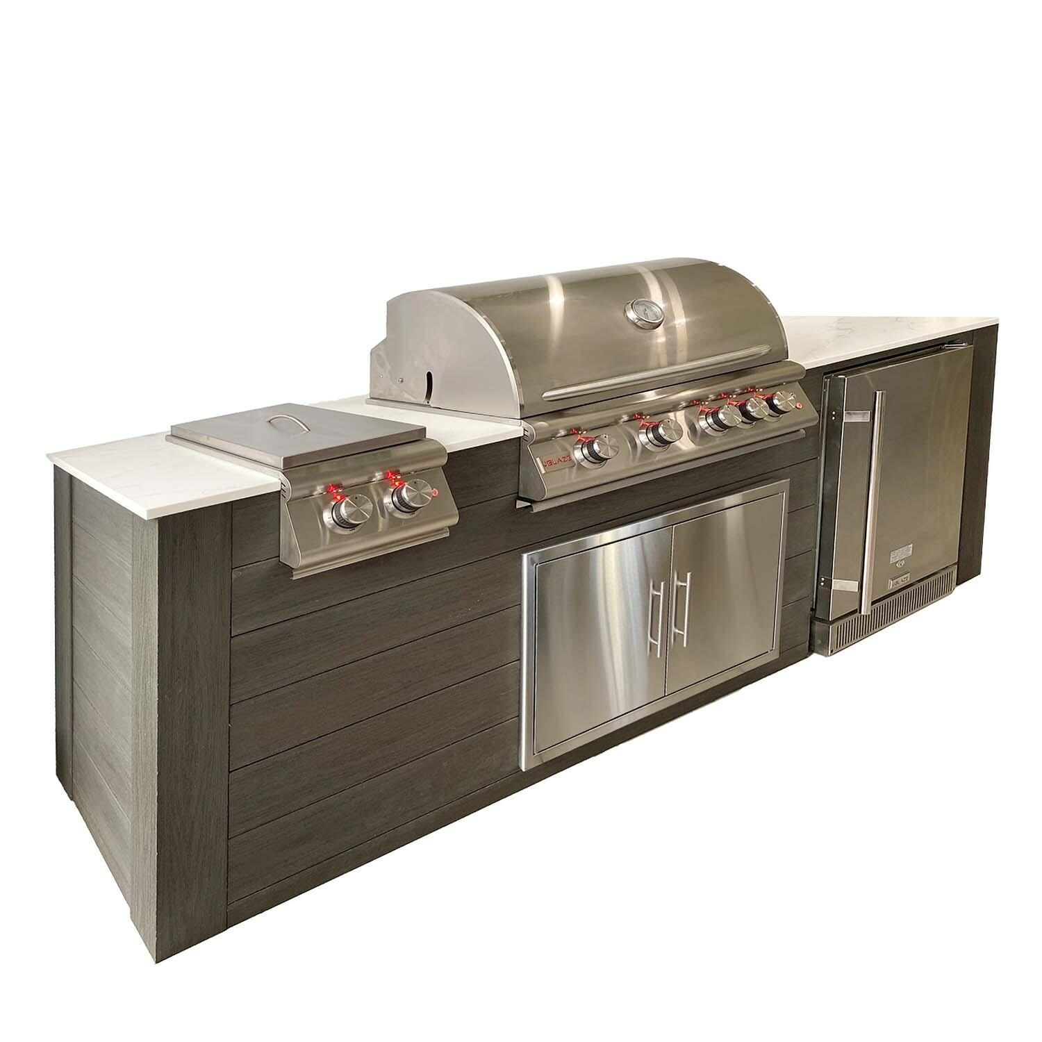 Pro-Fit 8 Ft Outdoor Kitchen Island W/ BLZ-4LTE2-NG Blaze Premium LTE 32-in Natural Gas Grill, Double Side Burner & Refrigerator - Onyx / Bianco Giulia A Satin - Left - White Background thumbnail