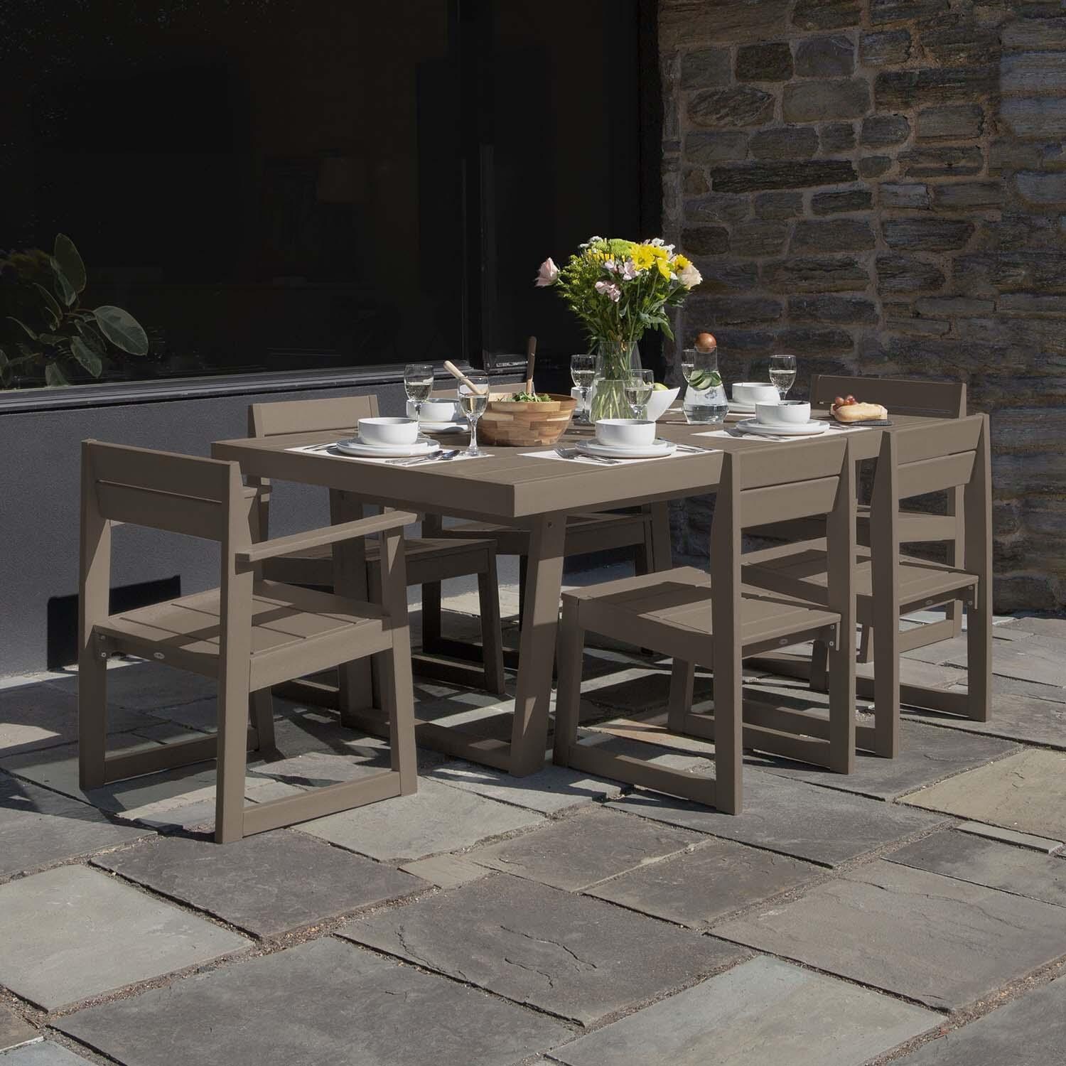 Hazel Cove 7 Pc Recycled Plastic Dining Set in Cabana Tan by Lakeview Outdoor Designs - Left Angled View - Lifestyle thumbnail