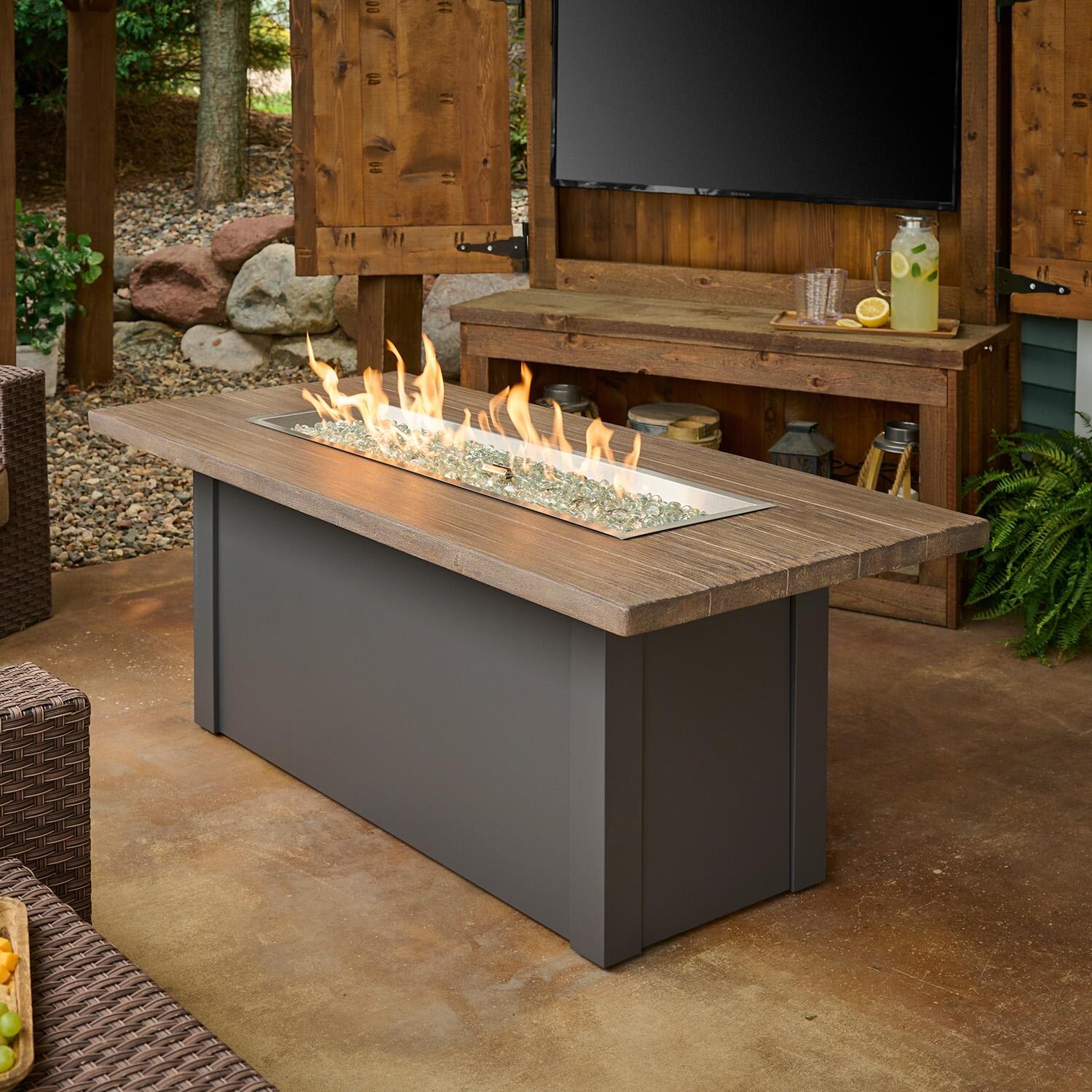 Havenwood 62 Inch Rectangular Powder Coated Steel Propane Fire Pit Table in Brown by The Outdoor GreatRoom Company