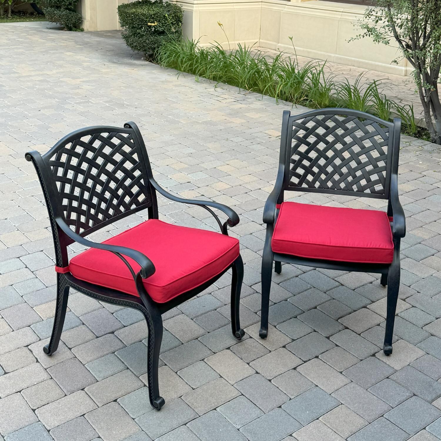 Darlee B/DL13-11PCD-2350LE-R Nassau 11 Pc Cast Aluminum Dining Set in Antique Bronze w/ Red Cushions - Chair w/ Cushion - Lifestyle thumbnail