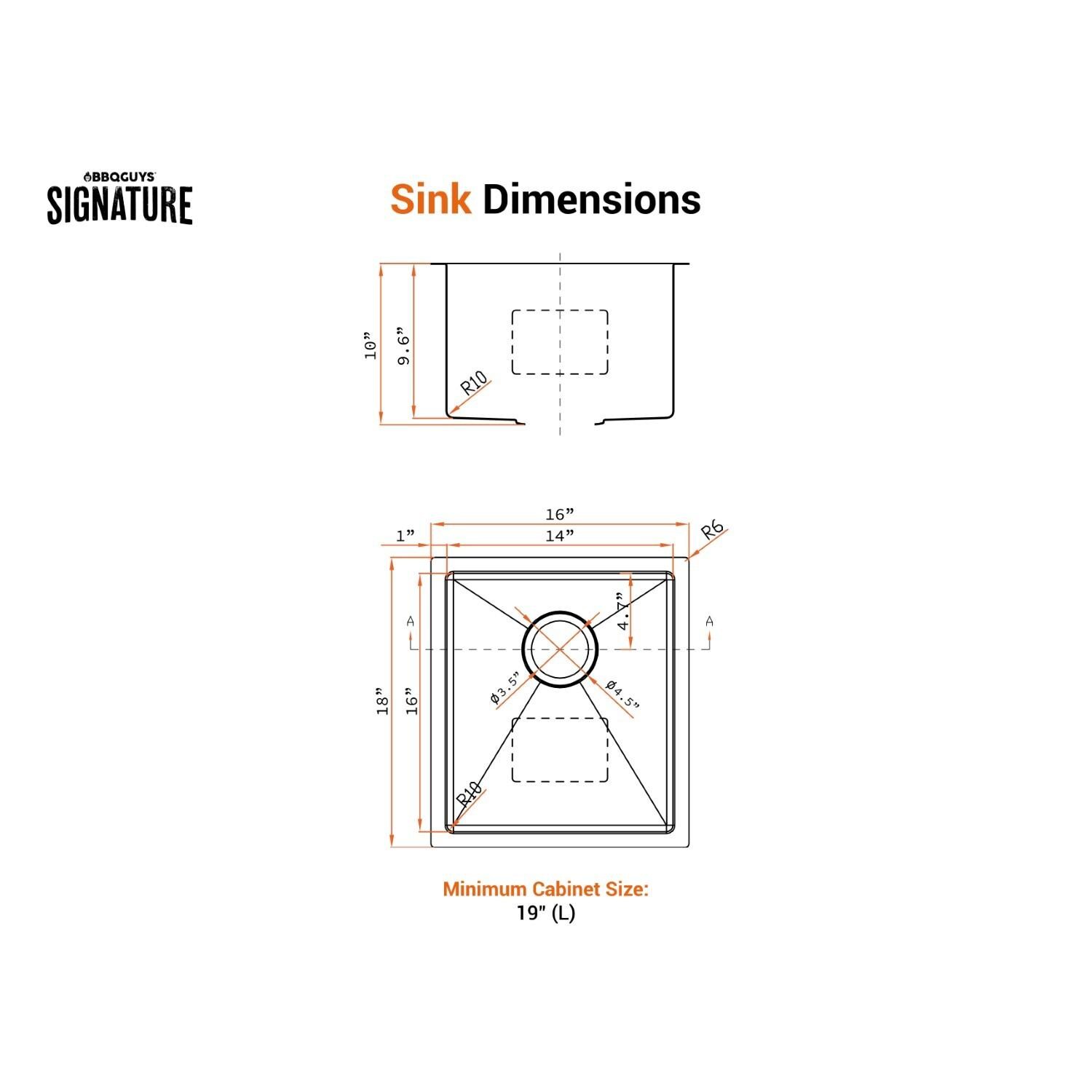 BBQGuys Signature Undermount Stainless Steel 16-Inch Single Bowl Sink W/Grid and Strainer - Dimensional
