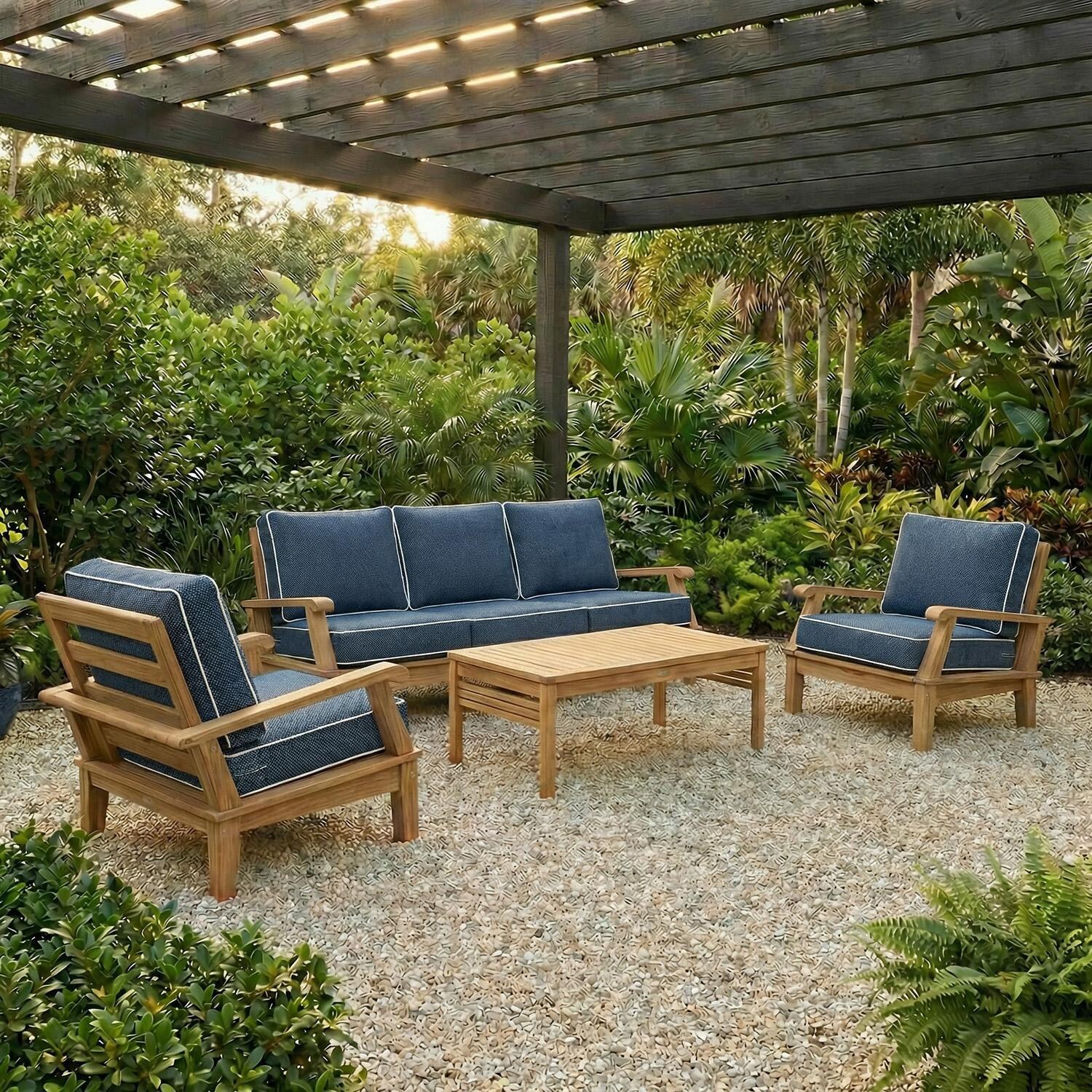 Royal Teak Collection Miami 4 Pc Teak Seating Set in Canvas Navy - Set - Lifestyle thumbnail