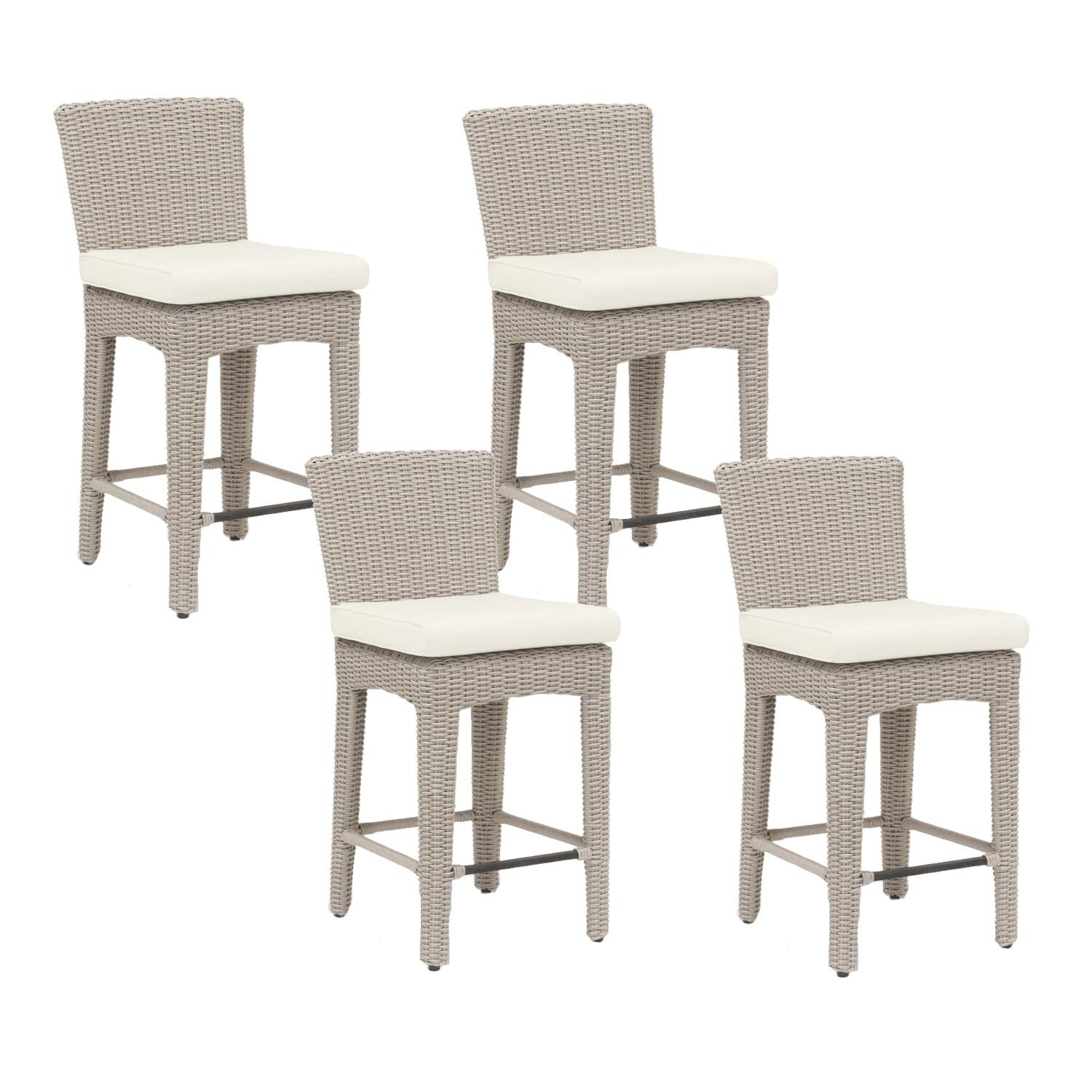 Manhattan 4 Piece Wicker Patio Bar Stool Set W/ Sunbrella Linen Canvas Cushions By Sunset West
