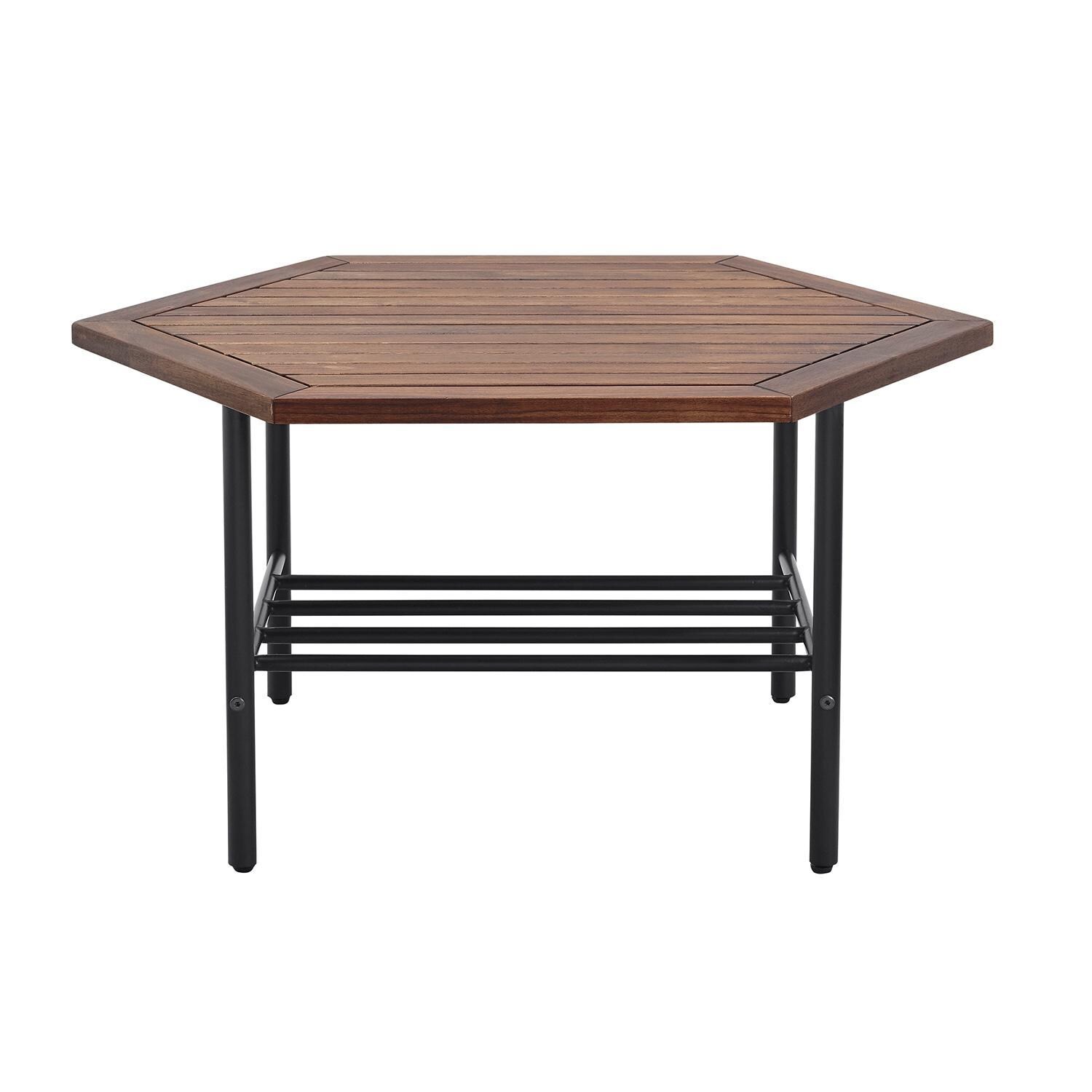 Ultimate Patio Land Bay 35 X 30 Inch Hexagonal Acacia & Steel Patio Coffee Table - Dark Brown - Front View thumbnail