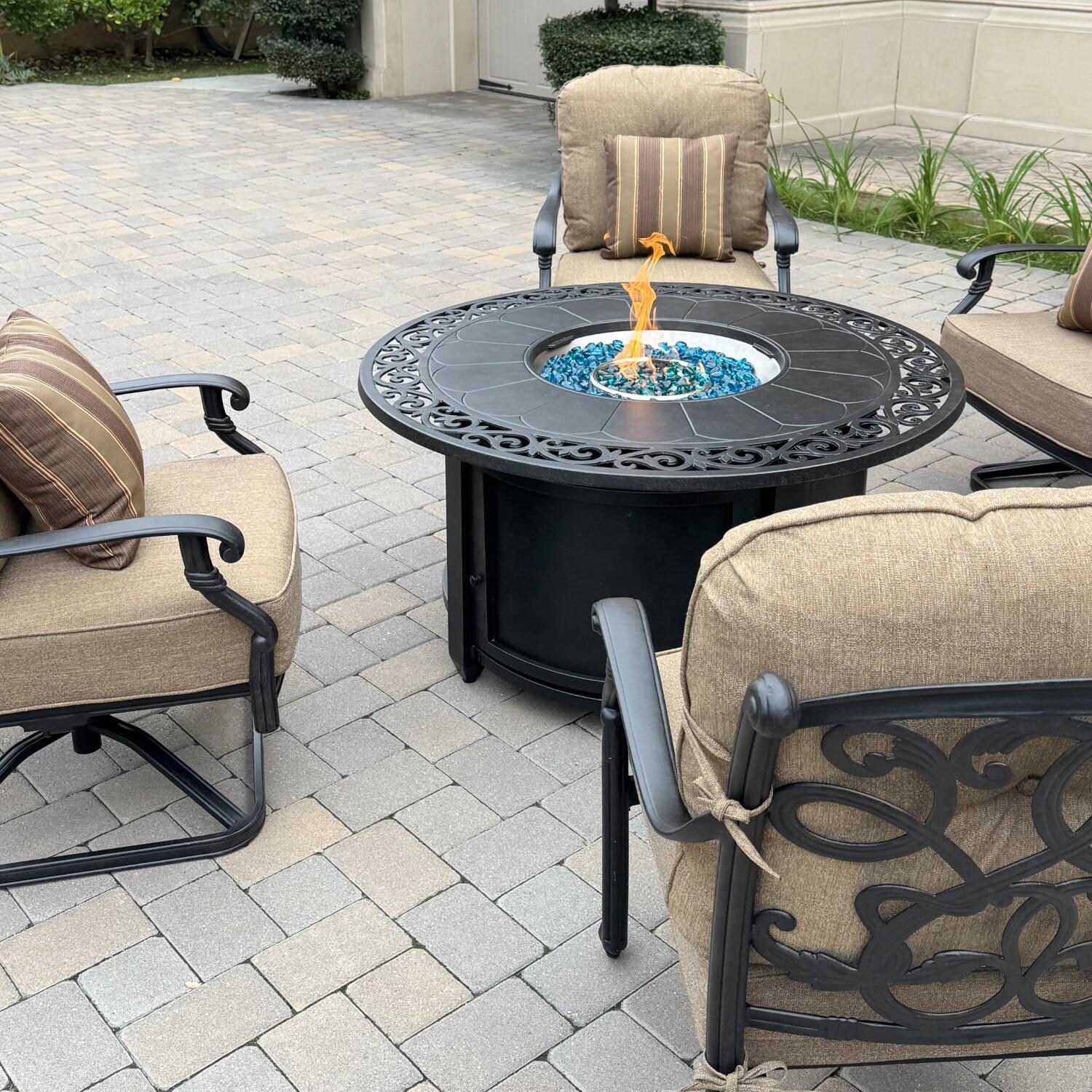 Santa Monica 5 Pc Cast Aluminum Seating Set w/ 47 Inch Round Fire Pit Table in Sesame/Antique Bronze by Darlee - Angled View - Lifestyle thumbnail