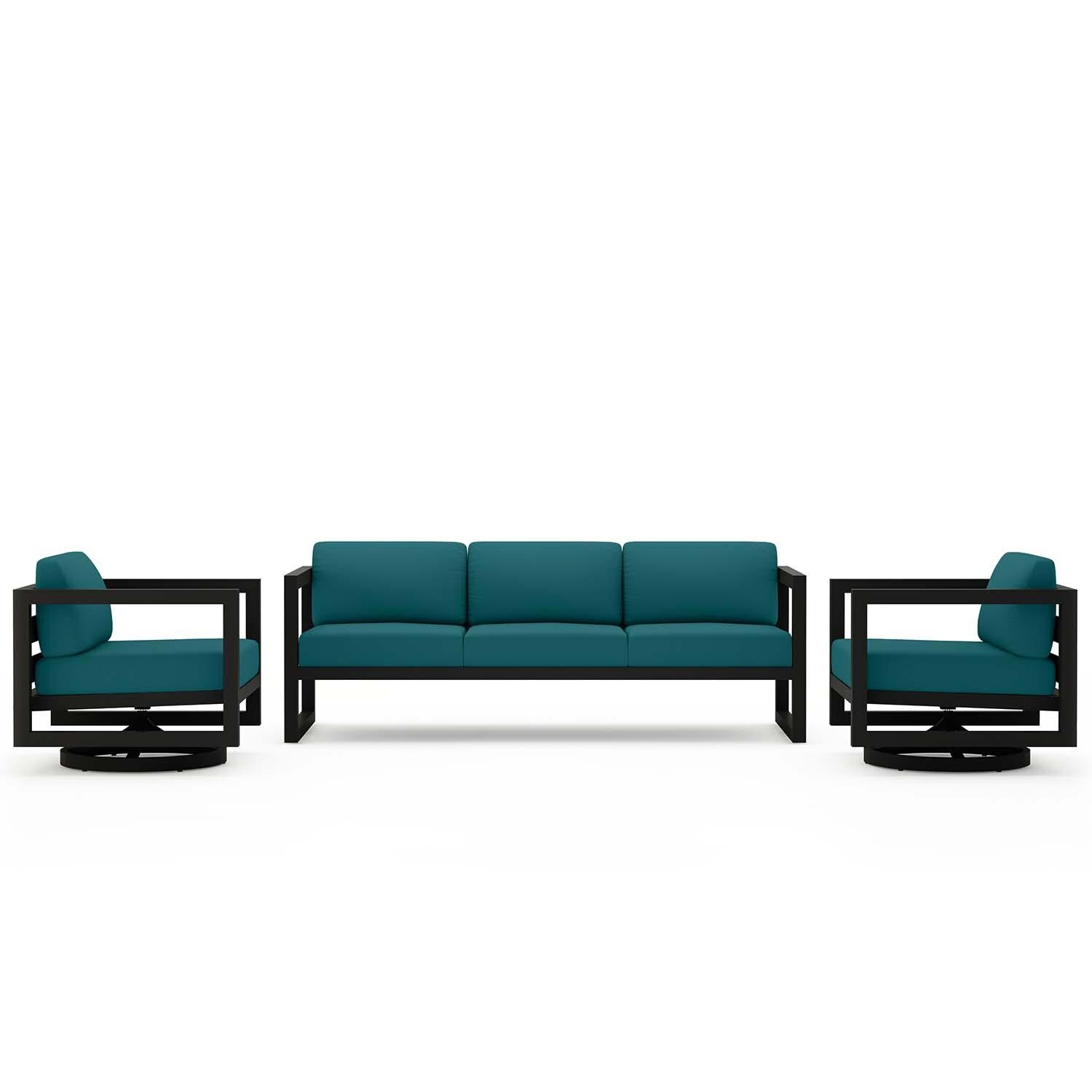 Misty Cove 3 Pc Aluminum Sofa Seating Set w/ Swivel Chairs in Black/Spectrum Peacock by Lakeview Outdoor Designs - White Background thumbnail