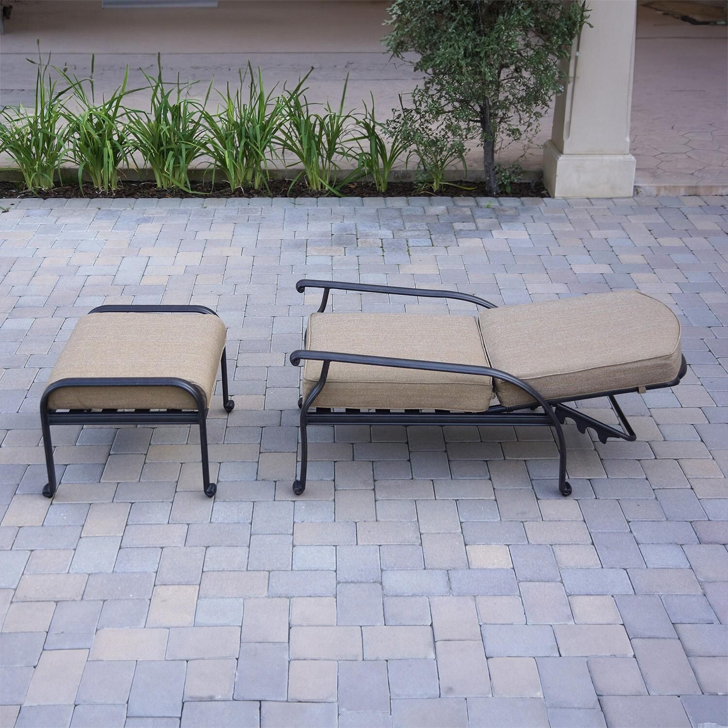 Elisabeth 6 Pc Set Cast Aluminum Seating Set w/ 49 X 35 Inch Fire Pit Table w/ Adjustable Club Chair, Sofa, and Ottoman in Sesame/Antique Bronze by Darlee - Chair and Ottoman - Lifestyle thumbnail