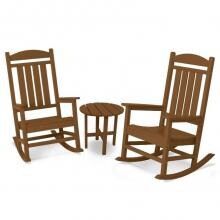 Presidential Recycled Plastic Wood 3 Piece Patio Rocking Chair Set By POLYWOOD W/ 18 Inch Round End Table - Teak