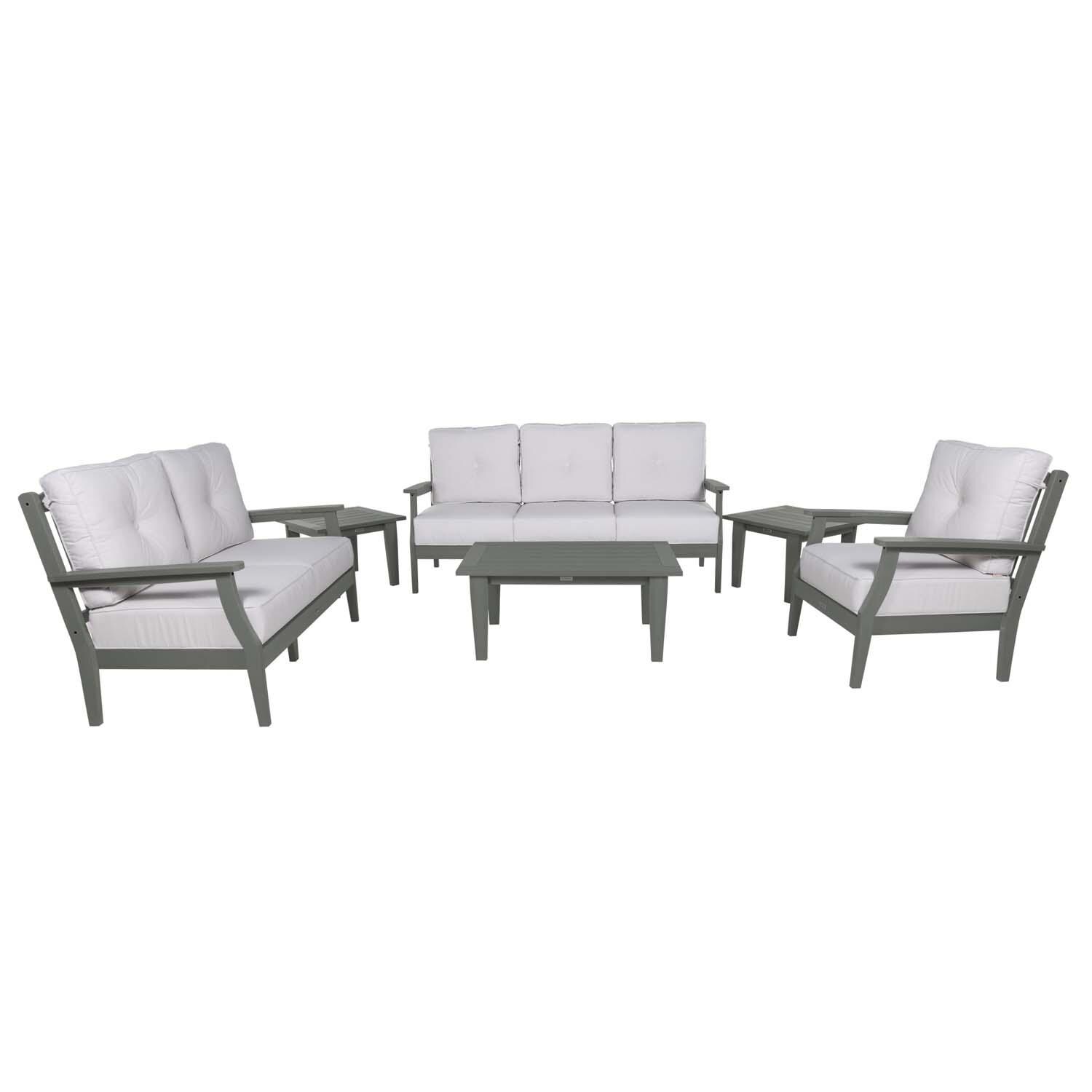 Blushing Bay 6 Pc Recycled Plastic Grand Seating Set in Bliss Linen/Coastal Teak by Lakeview Outdoor Designs - Front View - White Background thumbnail