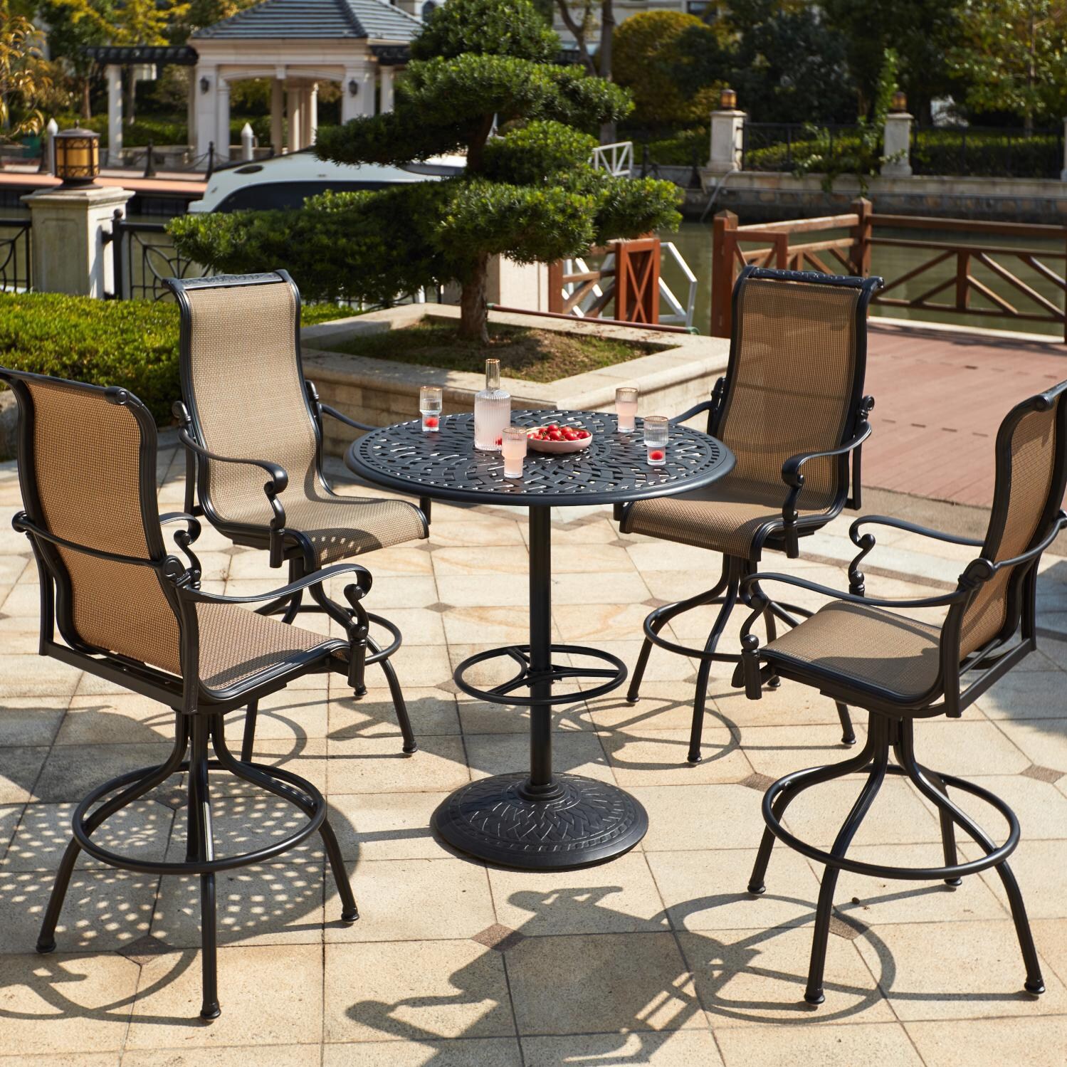 Monterey 5 Pc Cast Aluminum Bar Set w/ 42 Inch Round Series 60 Table in Antique Bronze/Sesame by Darlee