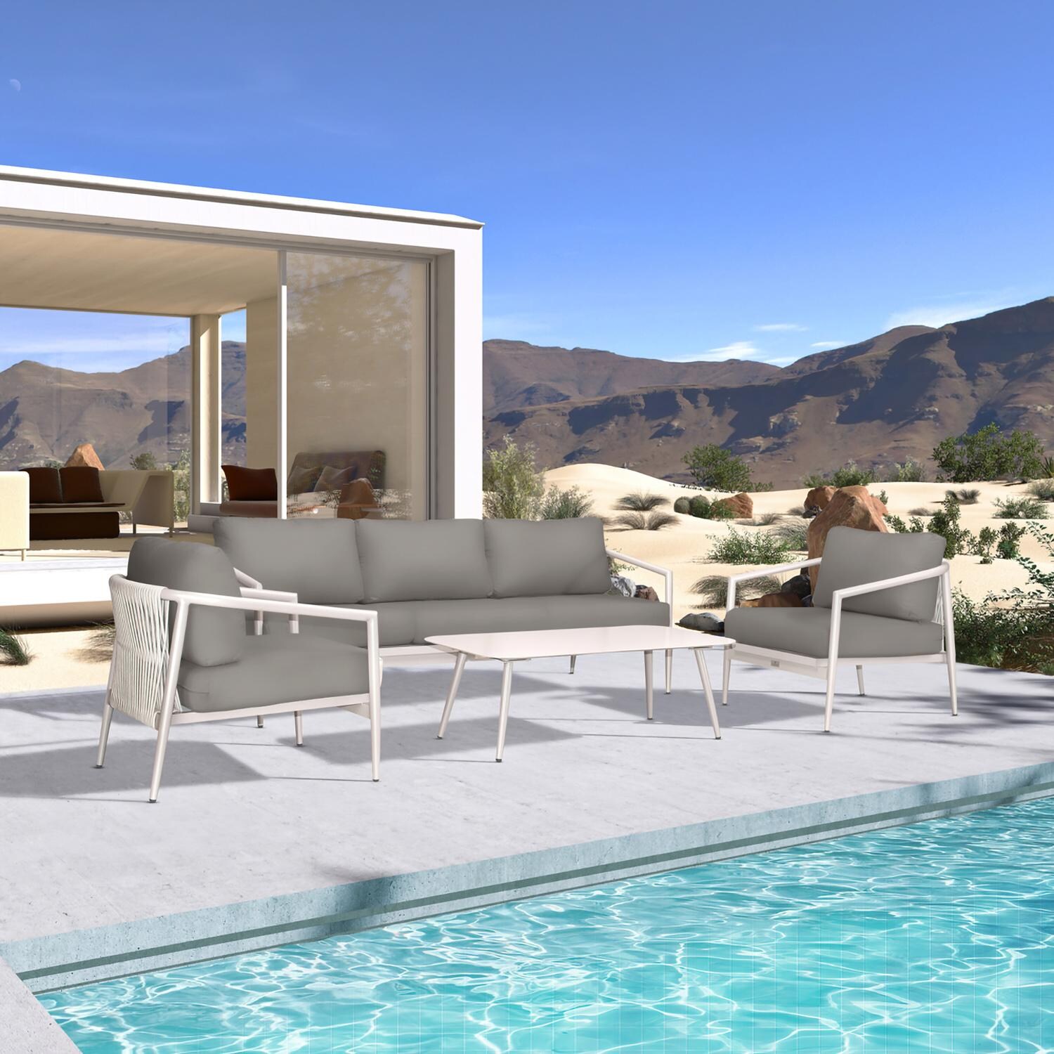 Lakeview Midnight Cove 4 Pc Aluminum Sofa Seating Set in Urban Stone/Carrera/Canvas Charcoal - Angled - Lifestyle thumbnail