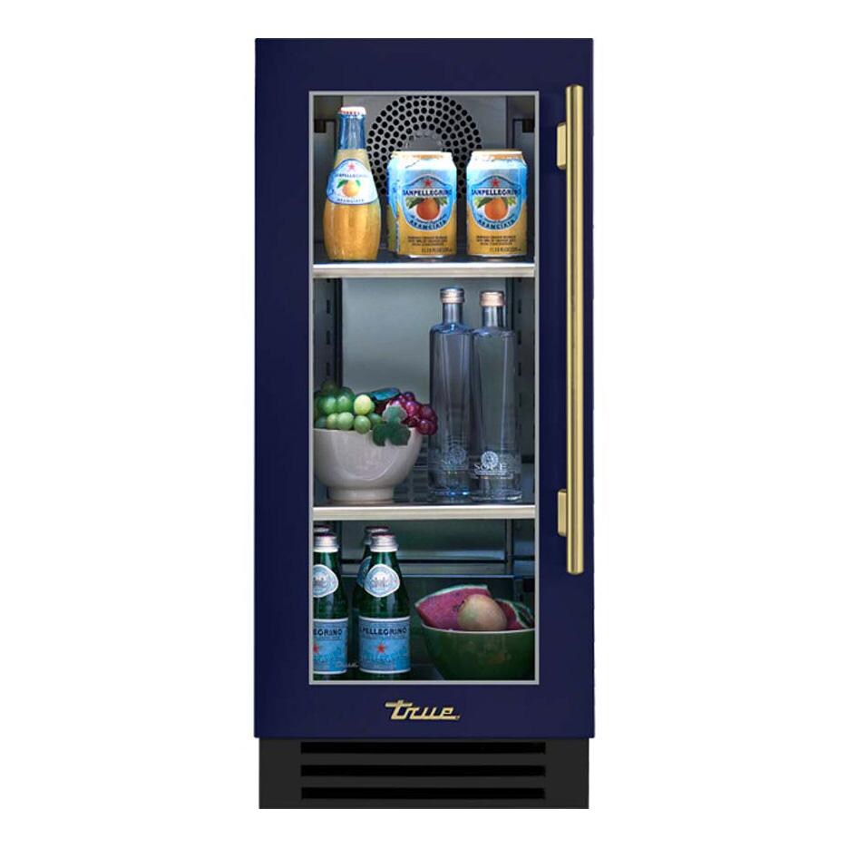 True TUR-15-L-OG-C~DSK-078-H01 15 Inch 3.14 Cu. Ft. Left Hinge Glass Door Outdoor Refigerator - Cobalt w/ Brass Handles - White Background thumbnail
