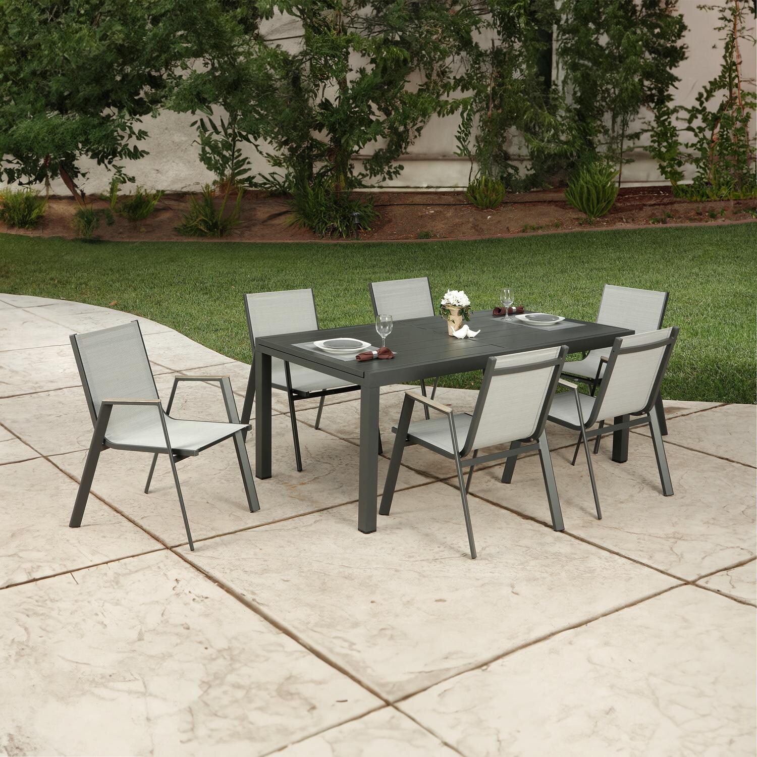 Lakeview Amite 7 Piece Aluminum Patio Dining Set W/ 71-94 X 37-Inch Rectangular Extension Table - Gray Sling
