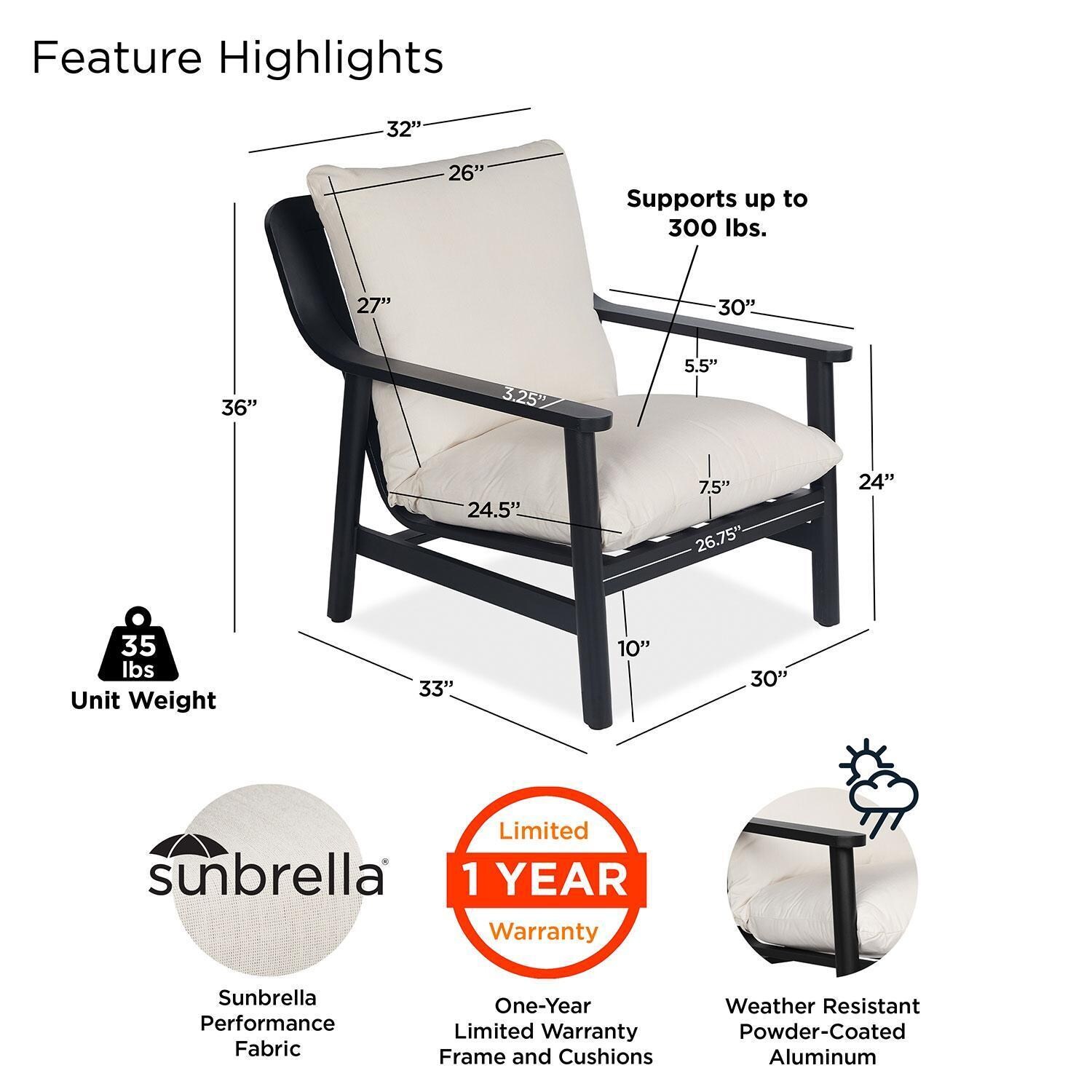 Bay St Louis 30-in Metal Outdoor Oversized Chair Set of 2 in Black W/ Sunbrella Cushions by Lakeview Outdoor Designs - Features - Detail thumbnail