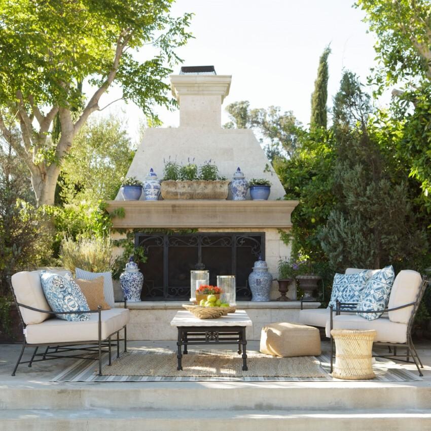 Provence Wrought Iron Club Chair w/ Contrast Spectrum Carbon Welt in Pewter/Canvas Natural by Sunset West - Shown w/ Companion Pieces by Fireplace - Lifestyle thumbnail