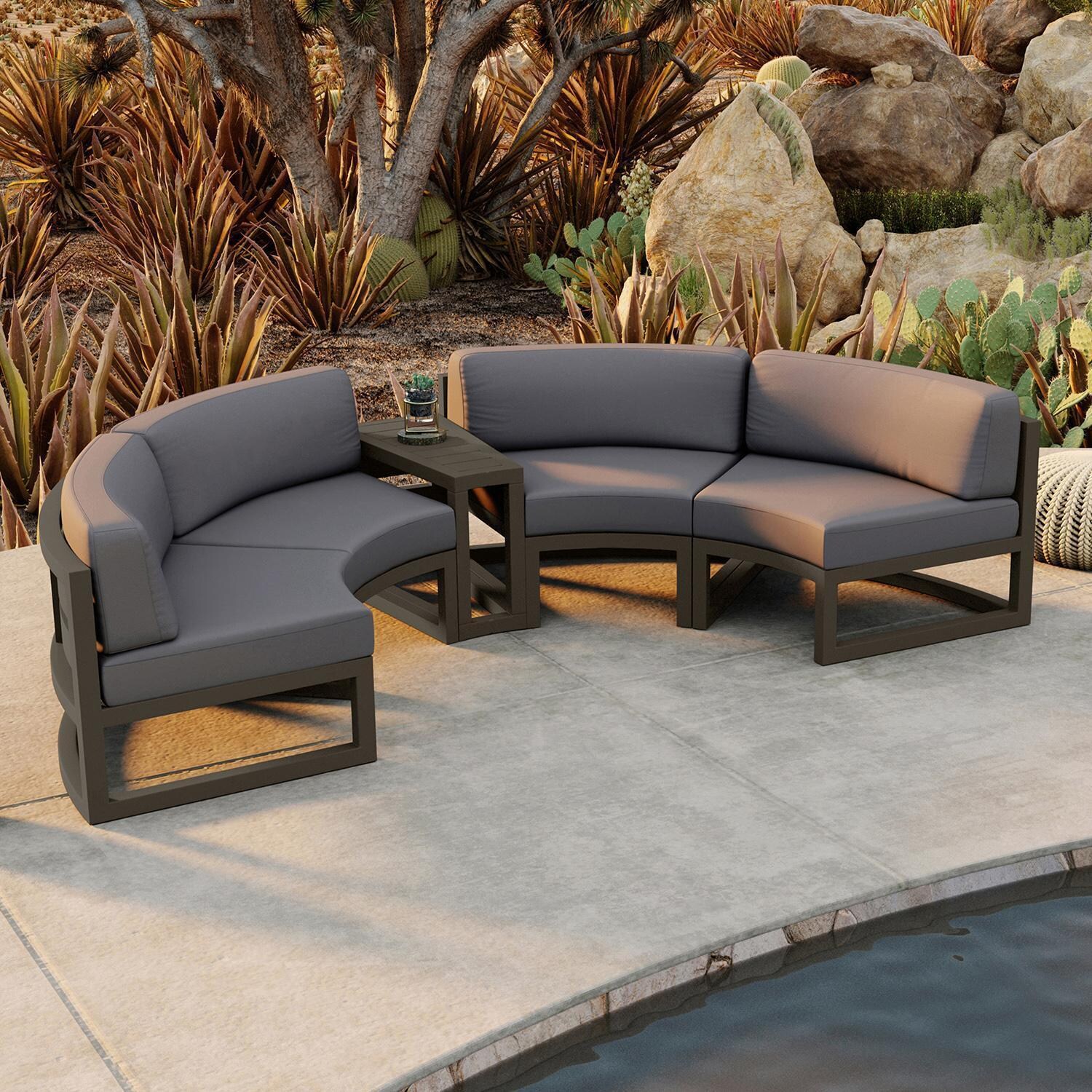 Misty Cove 3 Piece Curve Sectional Set in Slate w/End Table & Canvas Charcoal Cushions by Lakeview - By the Pool - Lifestyle thumbnail