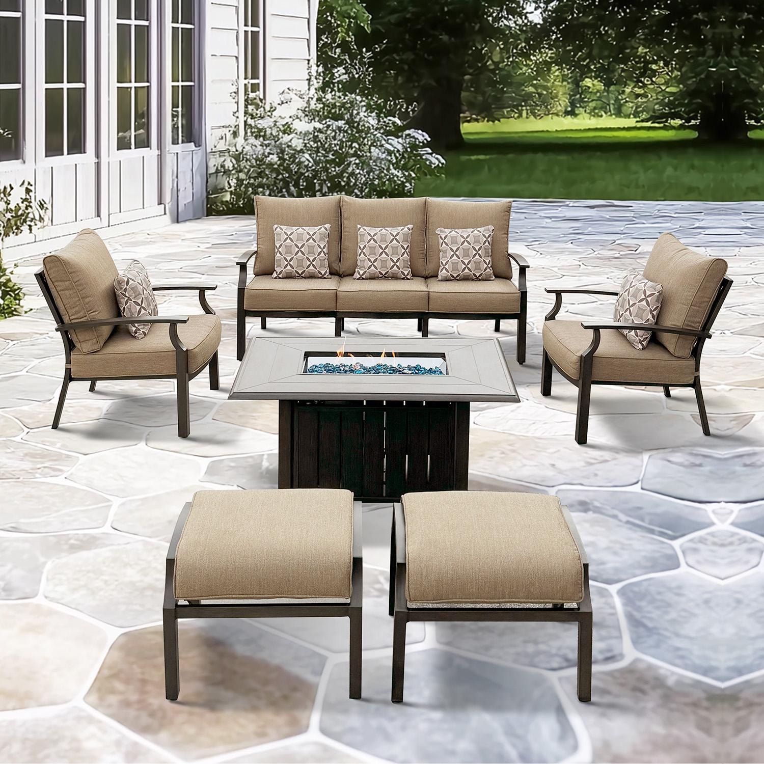 Darlee Brooklyn 6 Pc Aluminum Fire Pit Seating Set in Multi Brown/Sesame by - B/207-6PCSC-27QBSP
